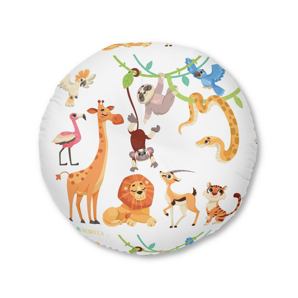 Round Tufted Floor Pillow — Cute Safari Animals Pattern for Kids’ Nursery & Playroom