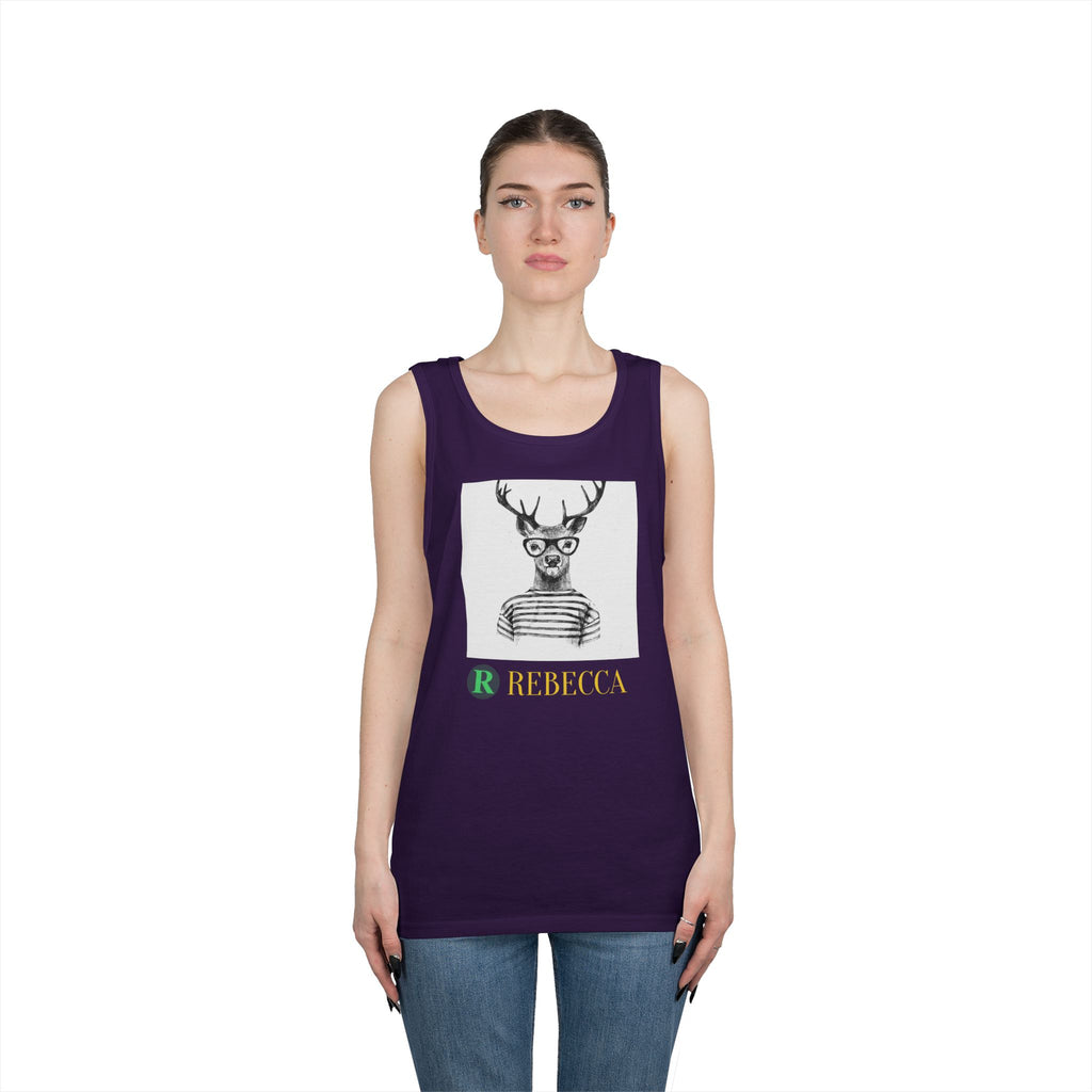 Deer in Glasses Graphic Tank Top — 'Rebecca' Striped Deer Illustration