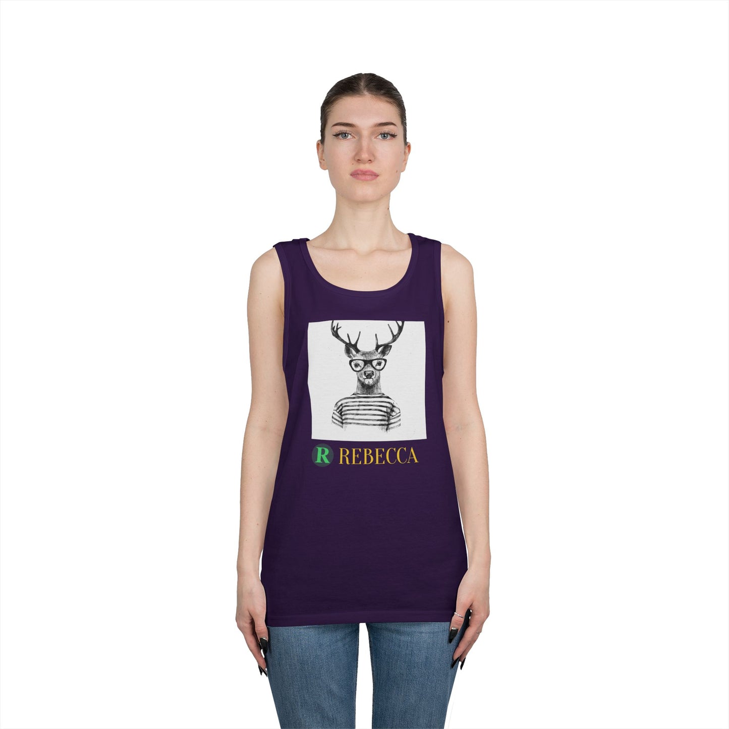 Deer in Glasses Graphic Tank Top — 'Rebecca' Striped Deer Illustration