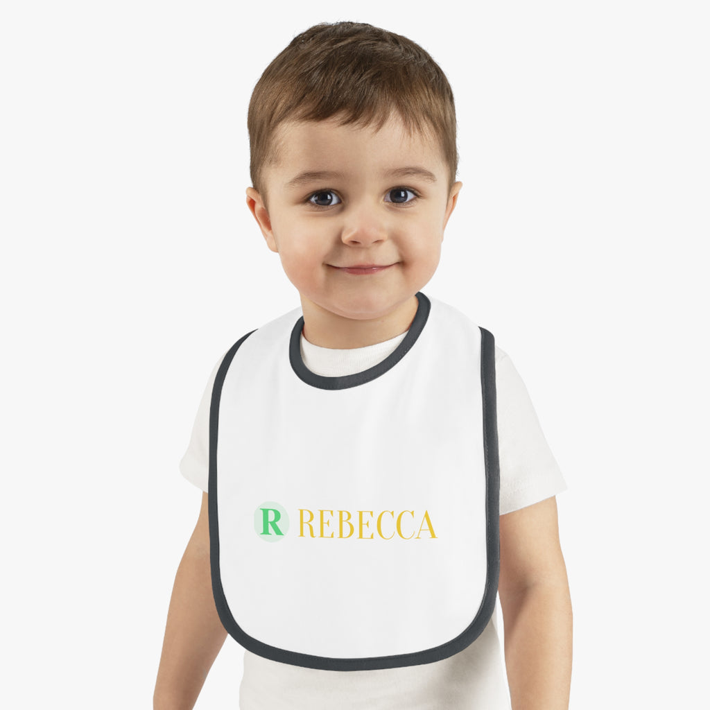 Personalized Baby Bib — Contrast Trim Jersey Bib with Name (Rebecca)