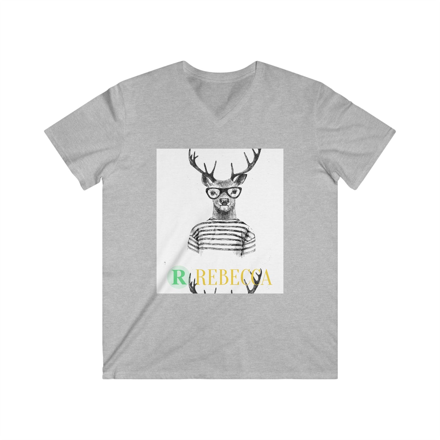 Deer with Glasses V-Neck Tee — Personalized "Rebecca" Graphic Shirt