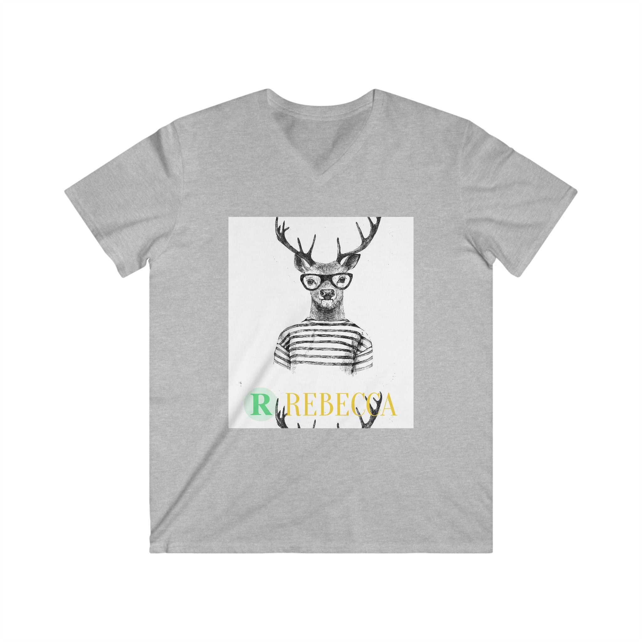 Deer with Glasses V-Neck Tee — Personalized "Rebecca" Graphic Shirt