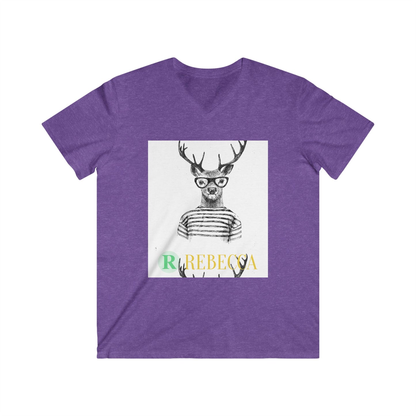 Deer with Glasses V-Neck Tee — Personalized "Rebecca" Graphic Shirt