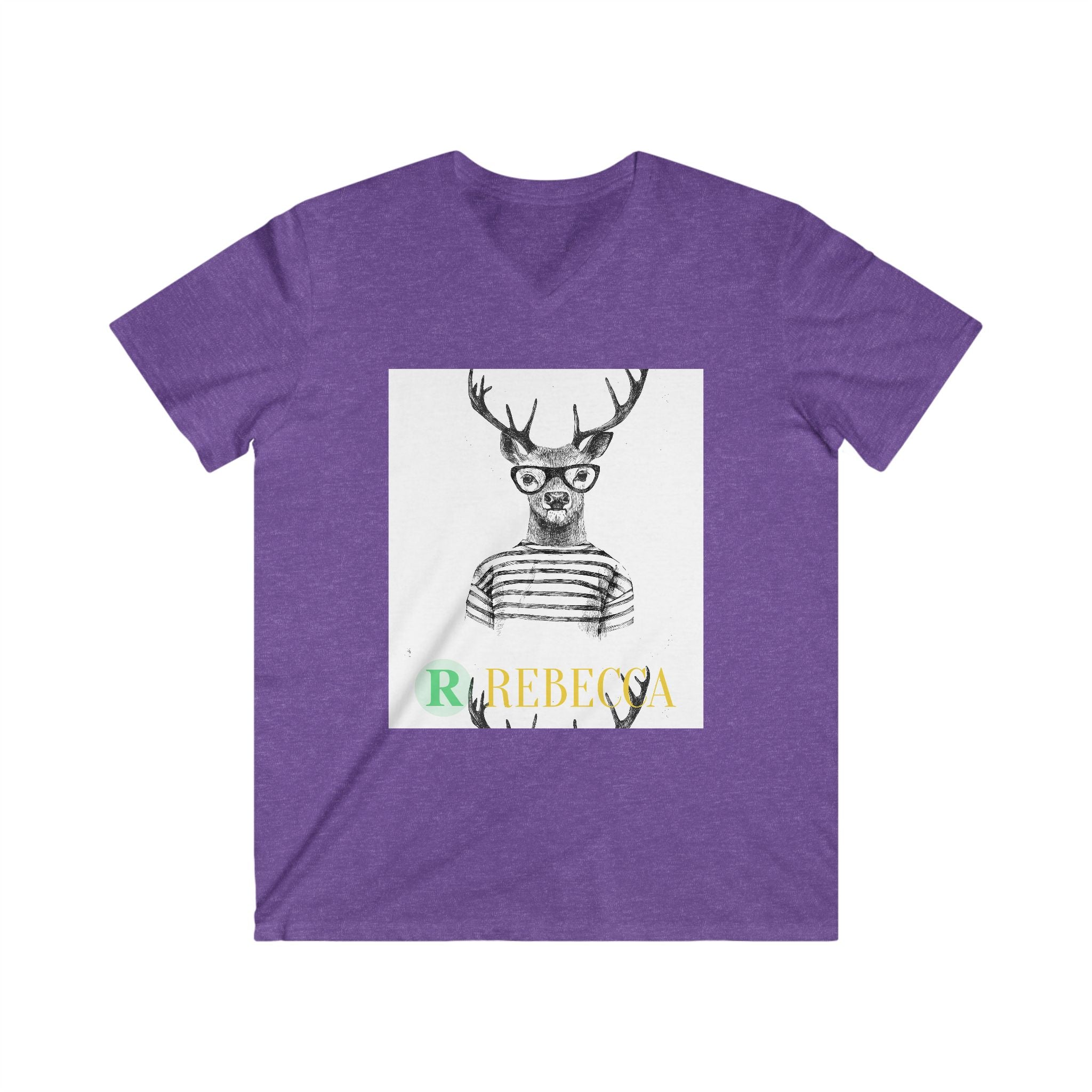 Deer with Glasses V-Neck Tee — Personalized "Rebecca" Graphic Shirt