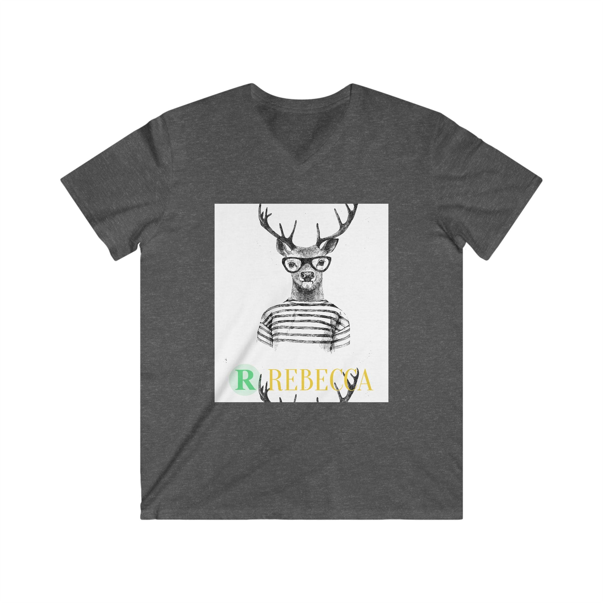 Deer with Glasses V-Neck Tee — Personalized "Rebecca" Graphic Shirt