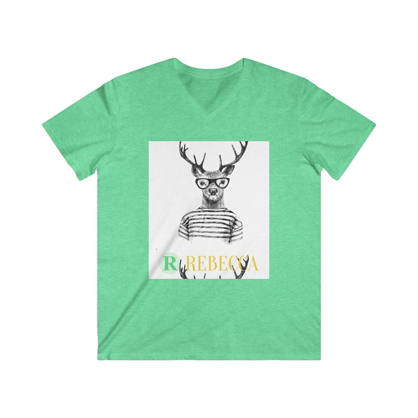 Deer with Glasses V-Neck Tee — Personalized "Rebecca" Graphic Shirt