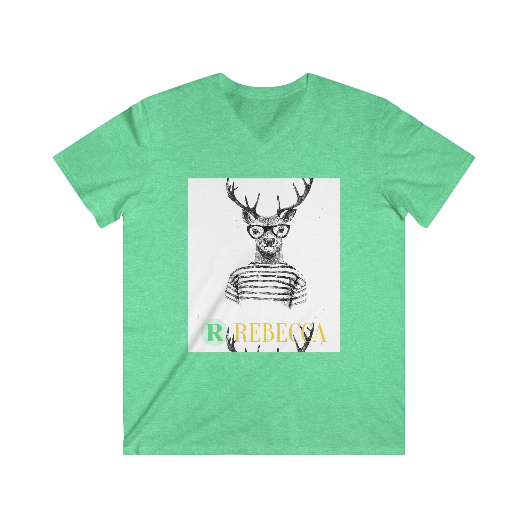 Deer with Glasses V-Neck Tee — Personalized "Rebecca" Graphic Shirt