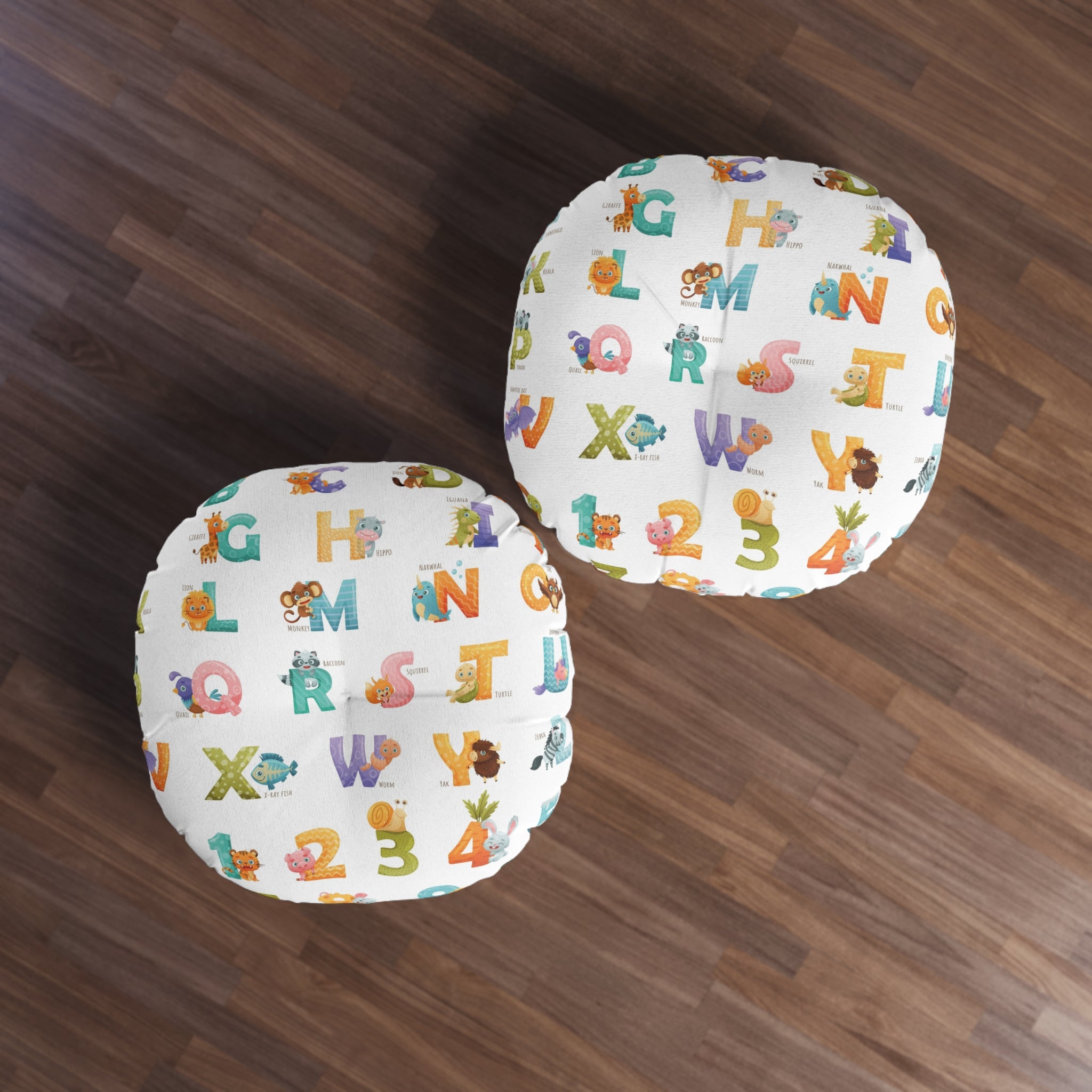 Alphabet & Numbers Kids Tufted Floor Pillow — Cute Animal ABCs & 123s