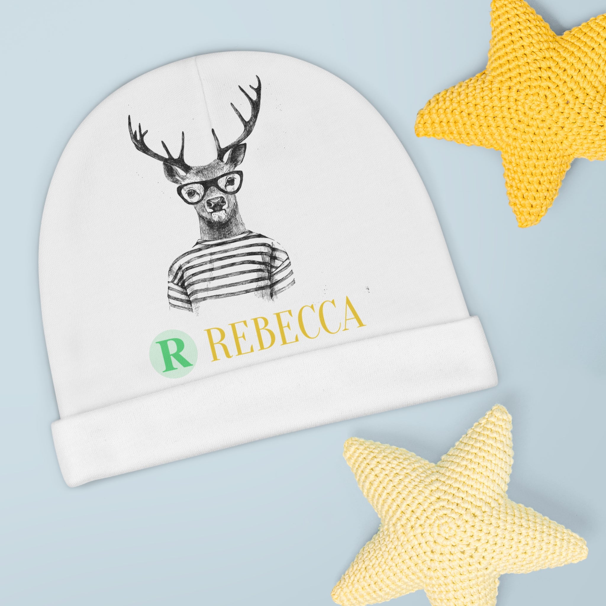 Baby Beanie — Personalized Hipster Deer Knit Cap (Name: Rebecca)