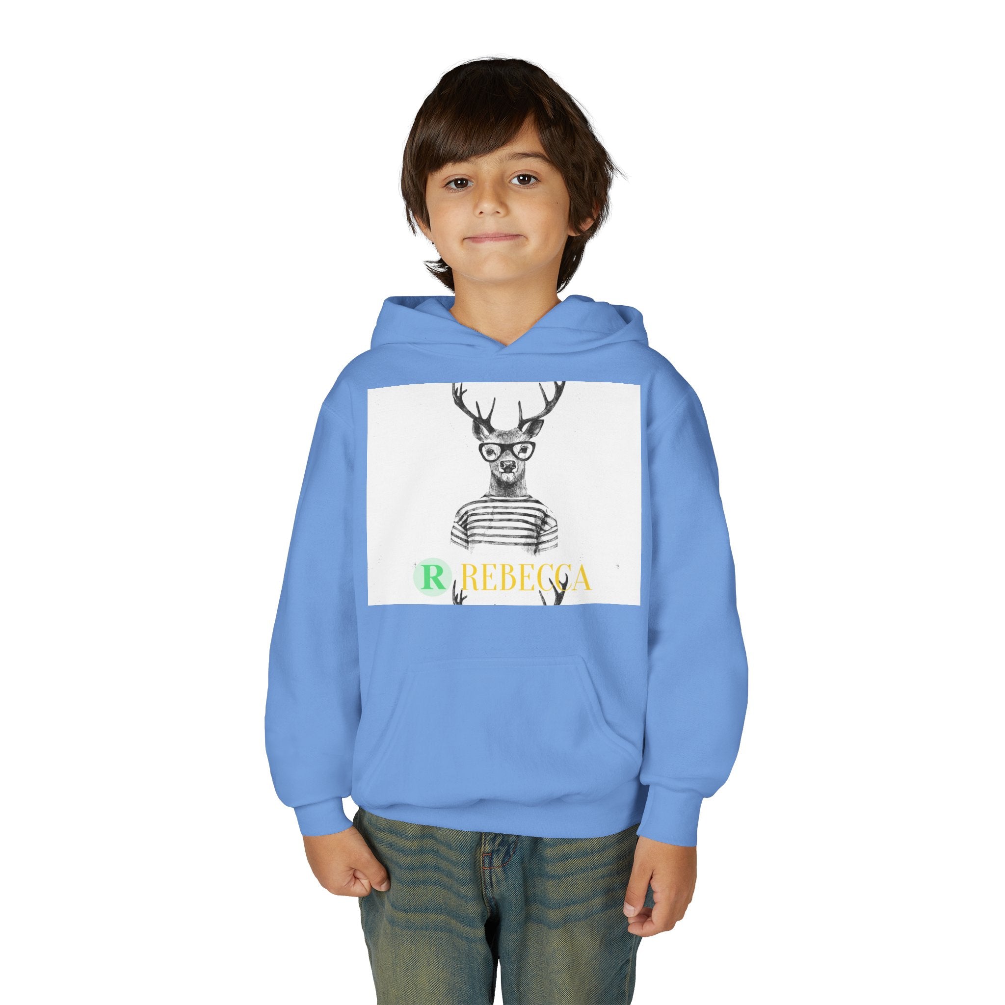 Youth Hoodie — Whimsical Deer with Glasses & 'Rebecca' Name Graphic