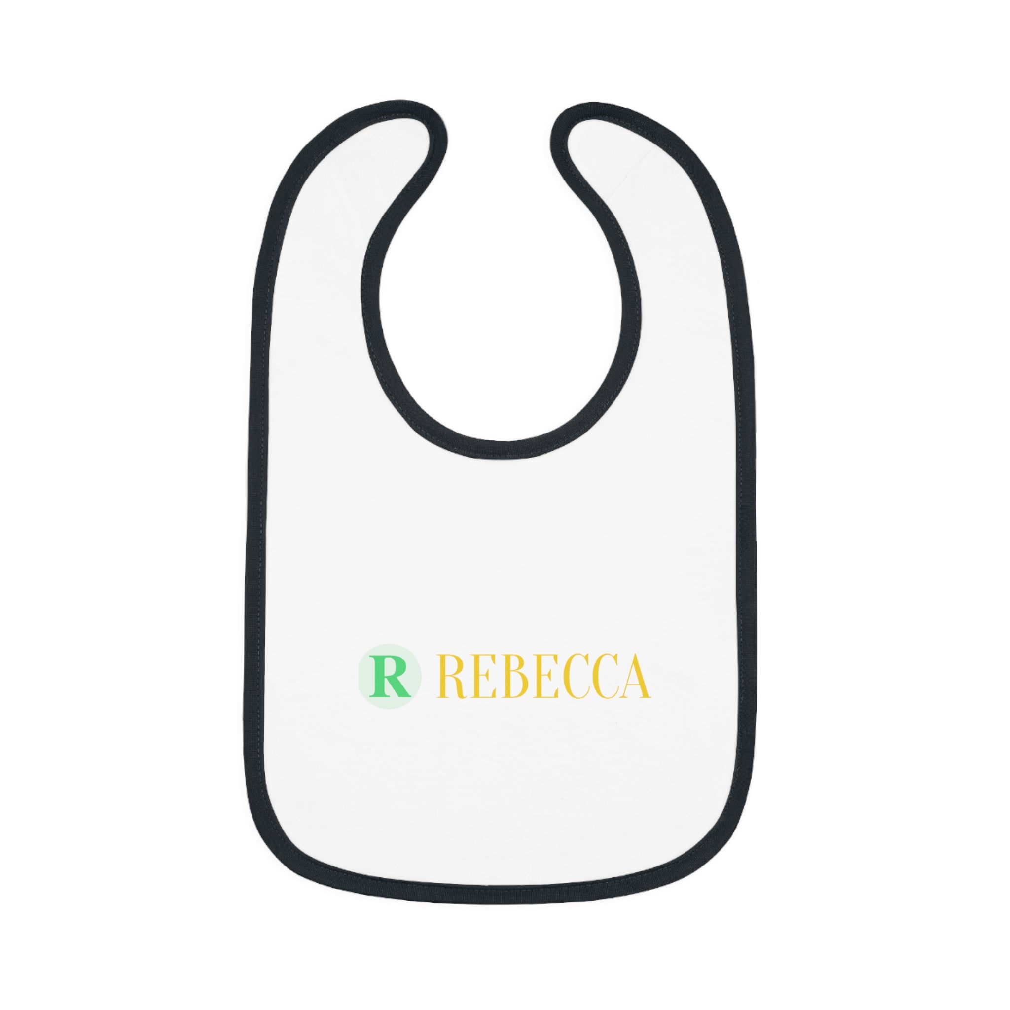 Personalized Baby Bib — Contrast Trim Jersey Bib with Name (Rebecca)