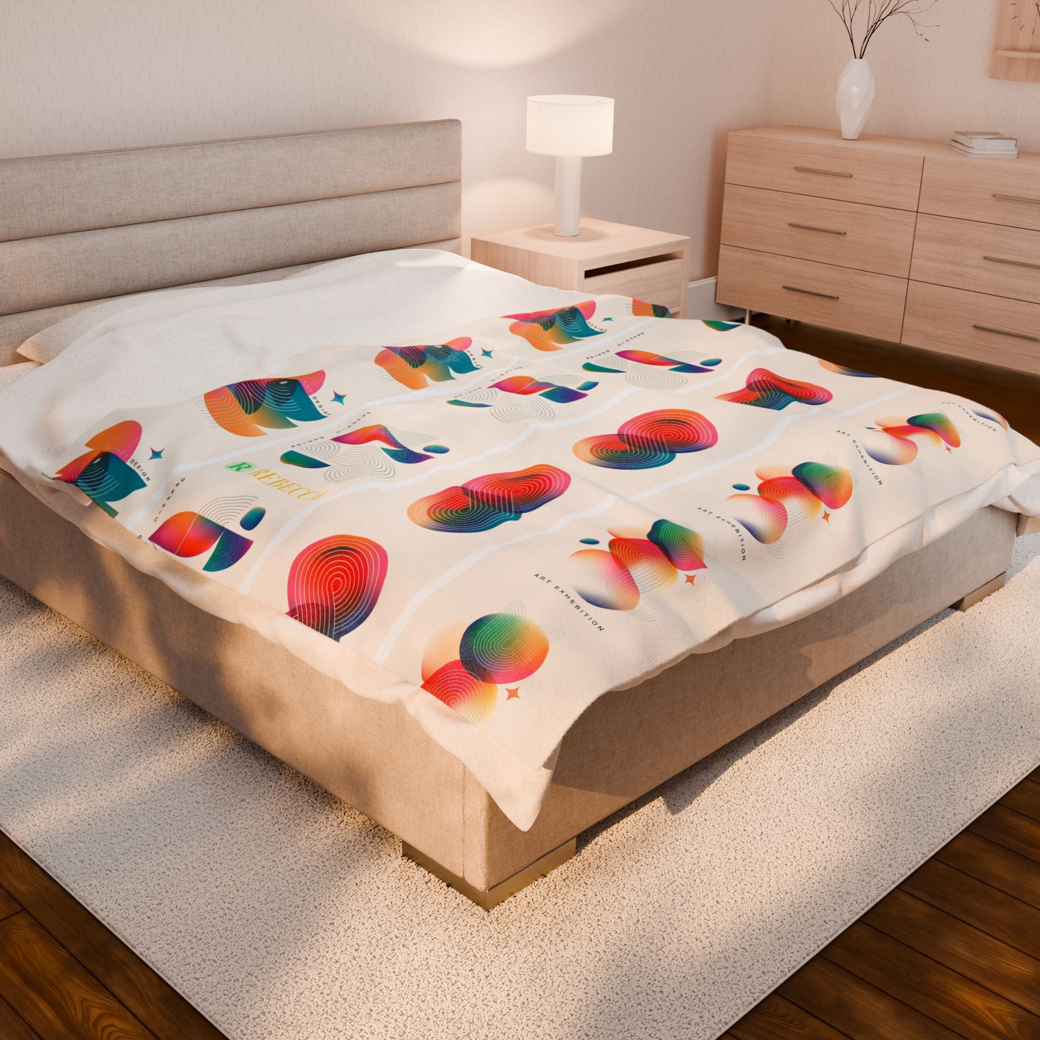Abstract Colorful Geometric Velveteen Plush Blanket — Retro Rainbow Shapes Throw