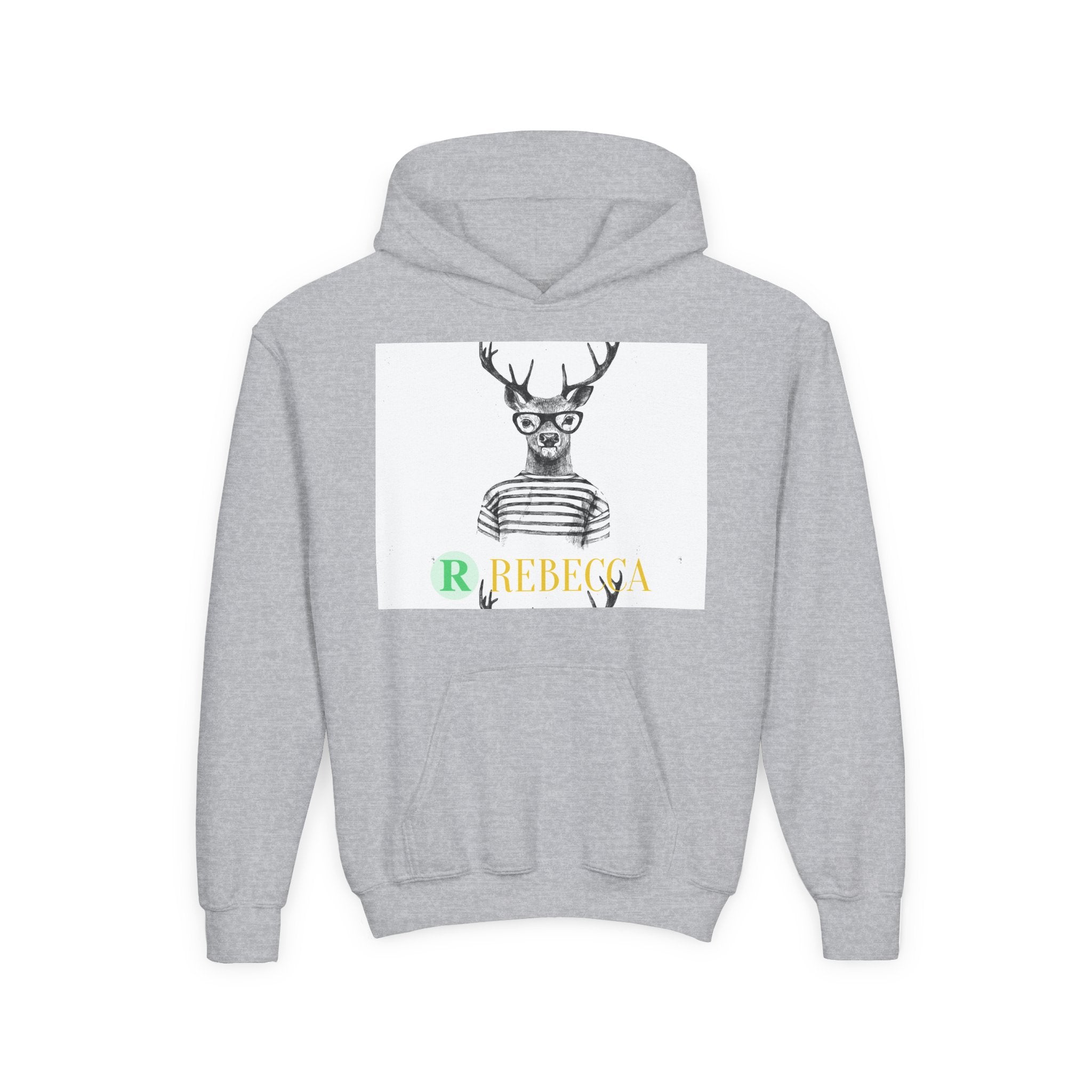 Youth Hoodie — Whimsical Deer with Glasses & 'Rebecca' Name Graphic