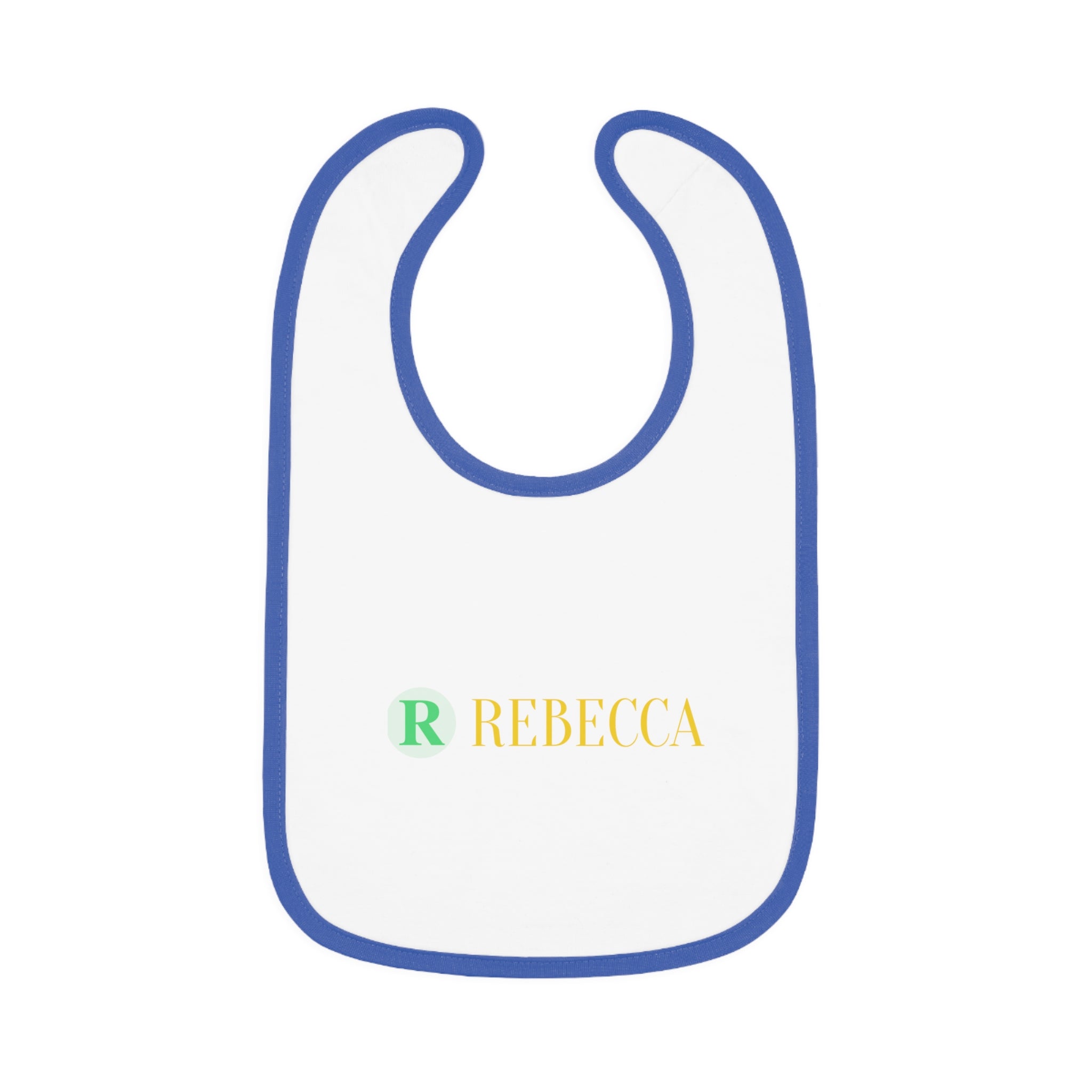 Personalized Baby Bib — Contrast Trim Jersey Bib with Name (Rebecca)