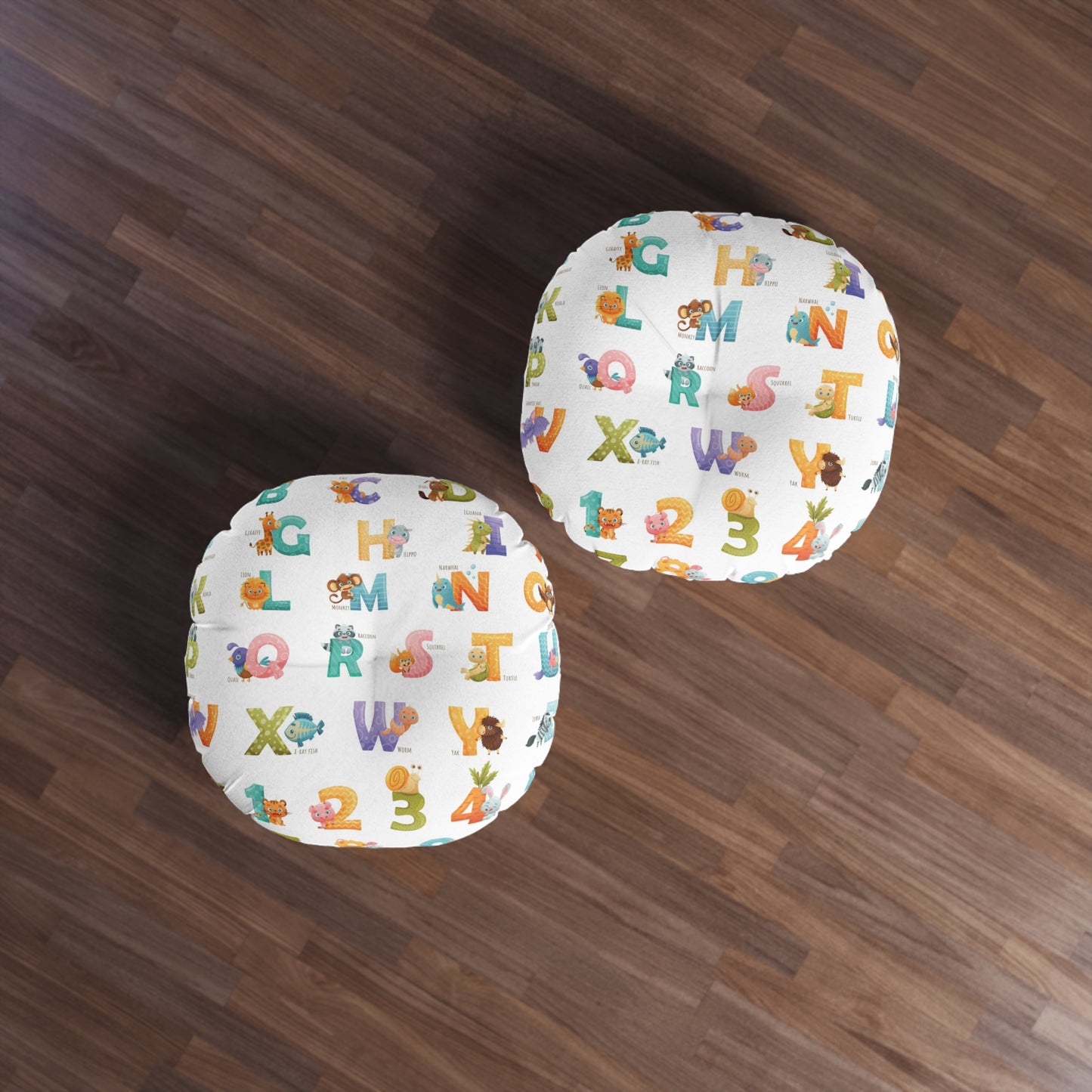 Alphabet & Numbers Kids Tufted Floor Pillow — Cute Animal ABCs & 123s