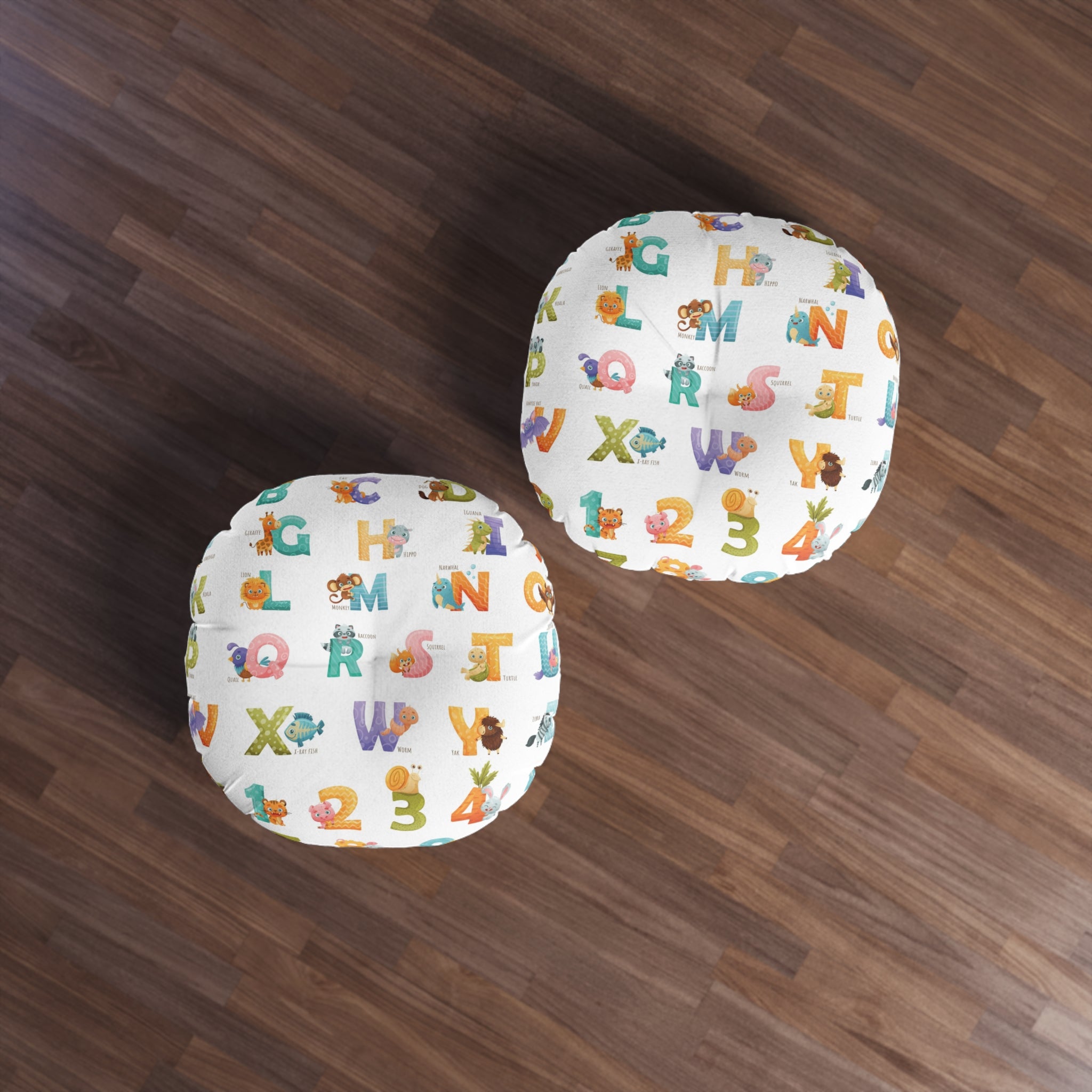 Alphabet & Numbers Kids Tufted Floor Pillow — Cute Animal ABCs & 123s