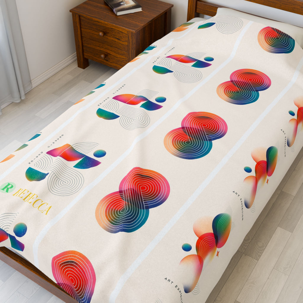Abstract Colorful Geometric Velveteen Plush Blanket — Retro Rainbow Shapes Throw