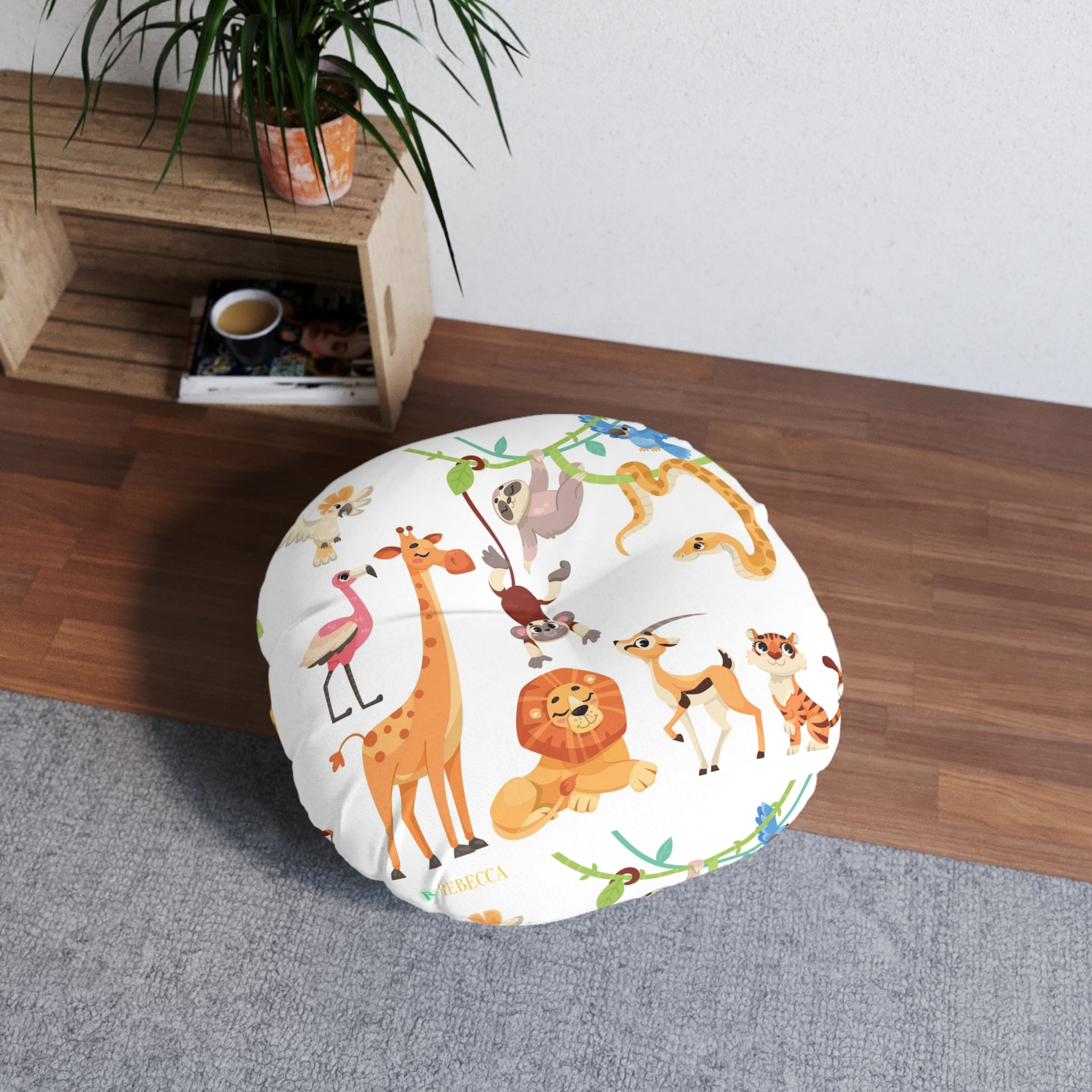 Round Tufted Floor Pillow — Cute Safari Animals Pattern for Kids’ Nursery & Playroom