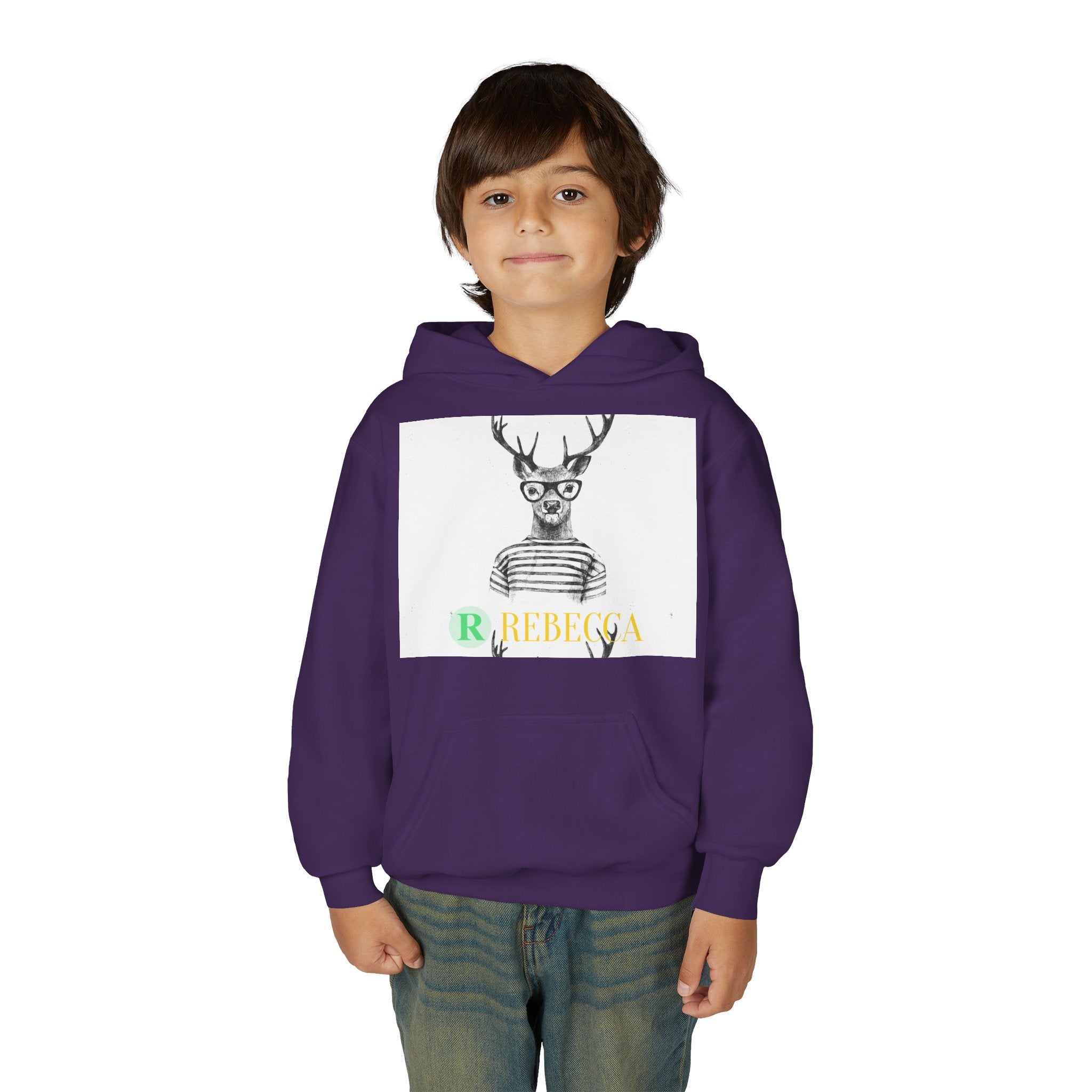 Youth Hoodie — Whimsical Deer with Glasses & 'Rebecca' Name Graphic