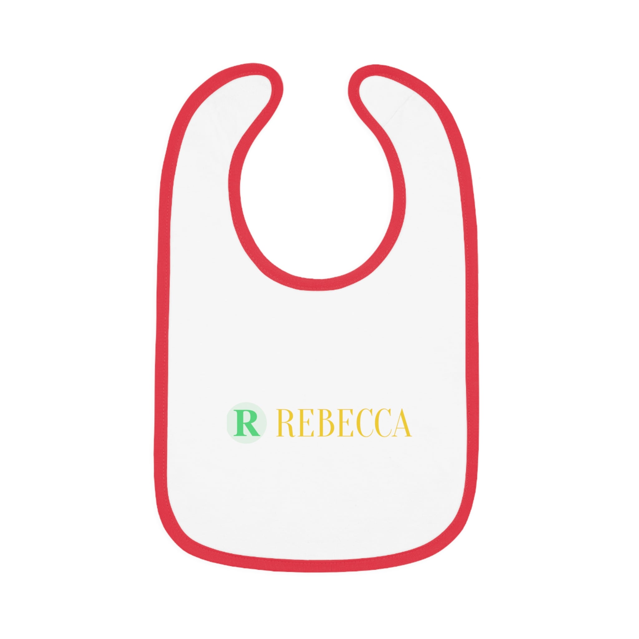 Personalized Baby Bib — Contrast Trim Jersey Bib with Name (Rebecca)