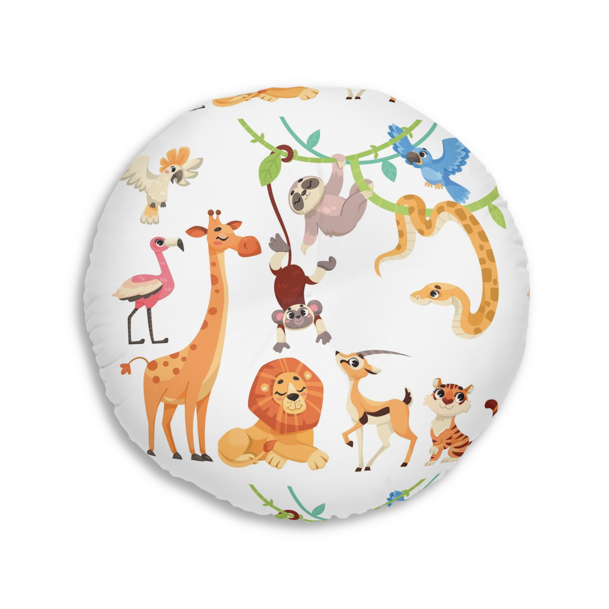 Round Tufted Floor Pillow — Cute Safari Animals Pattern for Kids’ Nursery & Playroom