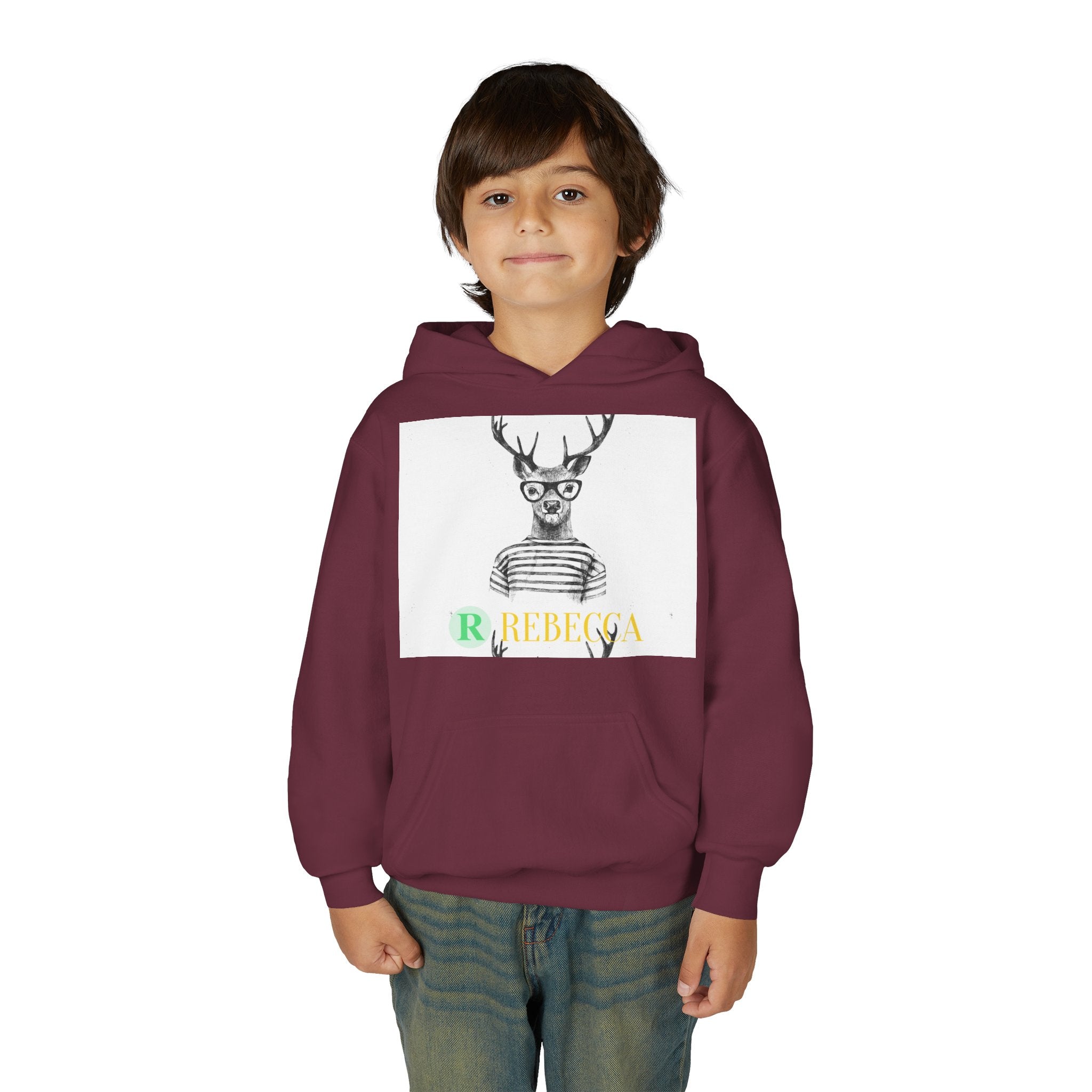 Youth Hoodie — Whimsical Deer with Glasses & 'Rebecca' Name Graphic