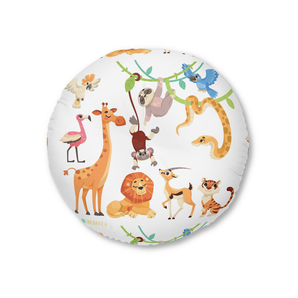 Round Tufted Floor Pillow — Cute Safari Animals Pattern for Kids’ Nursery & Playroom