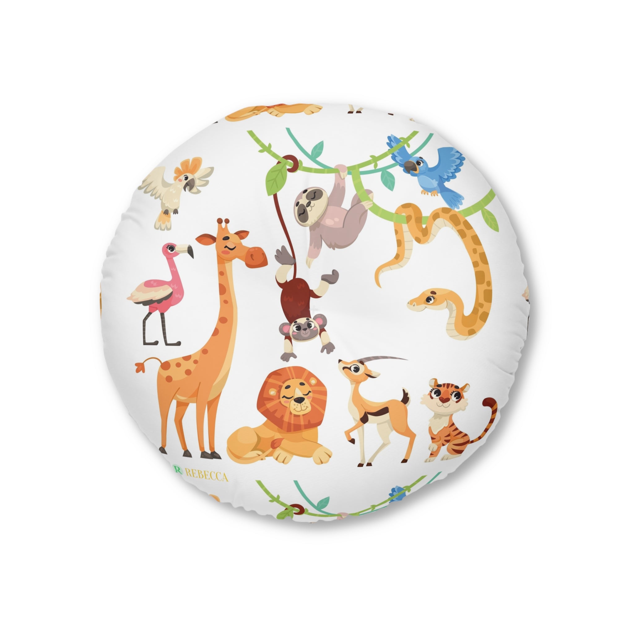 Round Tufted Floor Pillow — Cute Safari Animals Pattern for Kids’ Nursery & Playroom