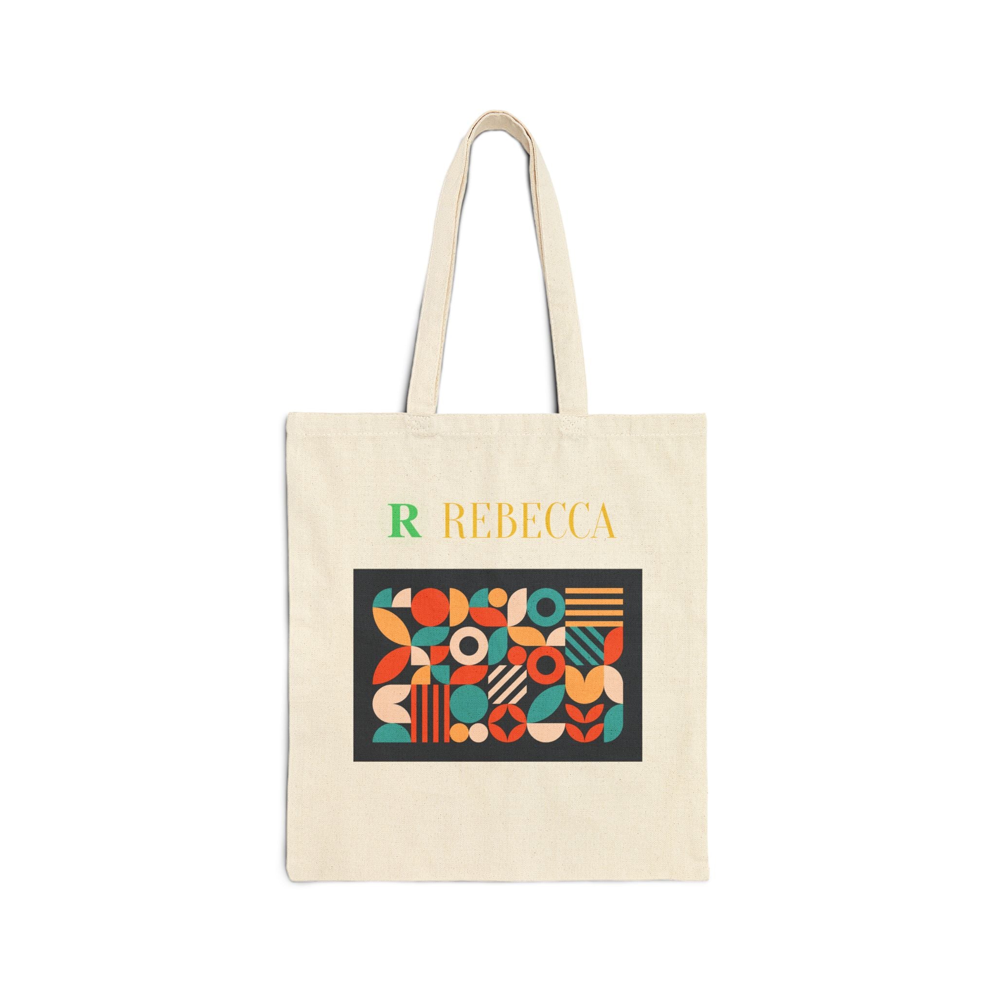 Personalized Geometric Canvas Tote Bag — Custom Name Rebecca, Colorful Retro Pattern