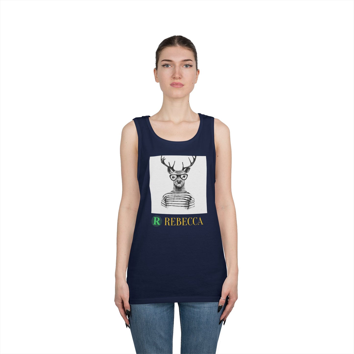 Deer in Glasses Graphic Tank Top — 'Rebecca' Striped Deer Illustration