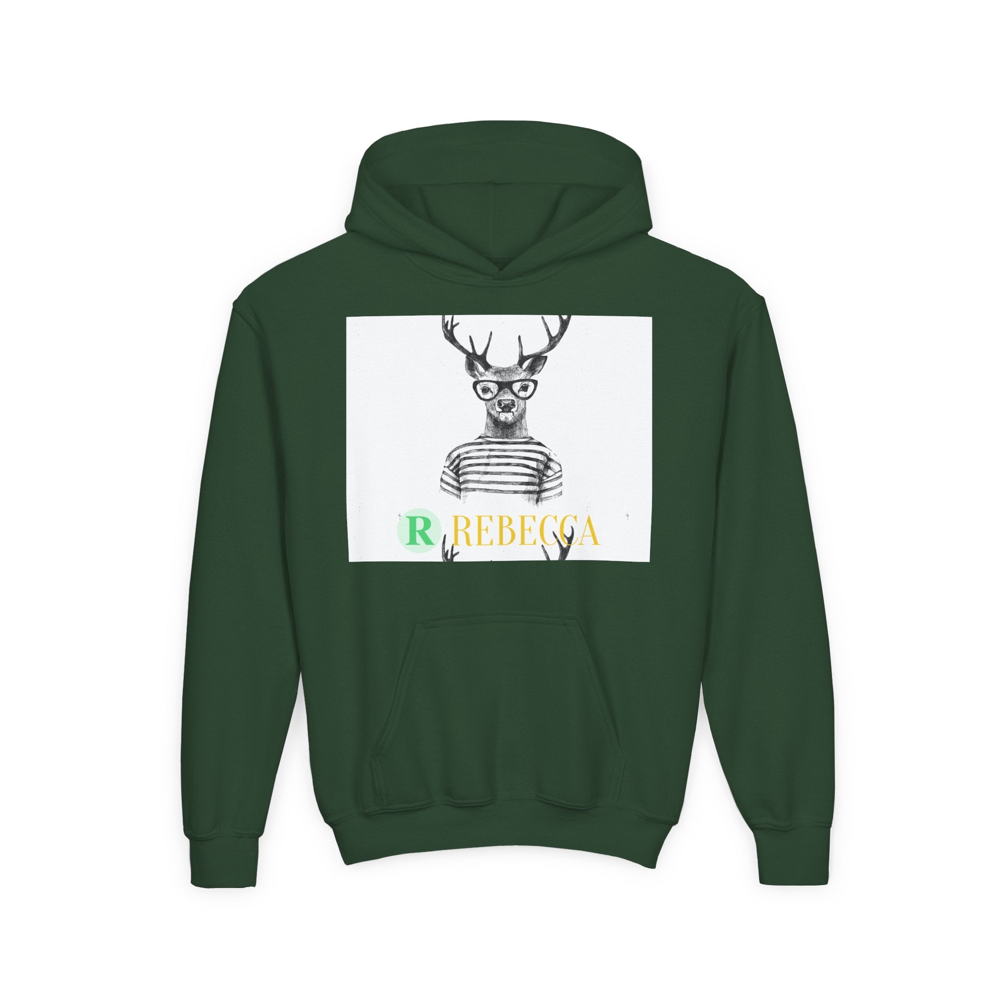 Youth Hoodie — Whimsical Deer with Glasses & 'Rebecca' Name Graphic