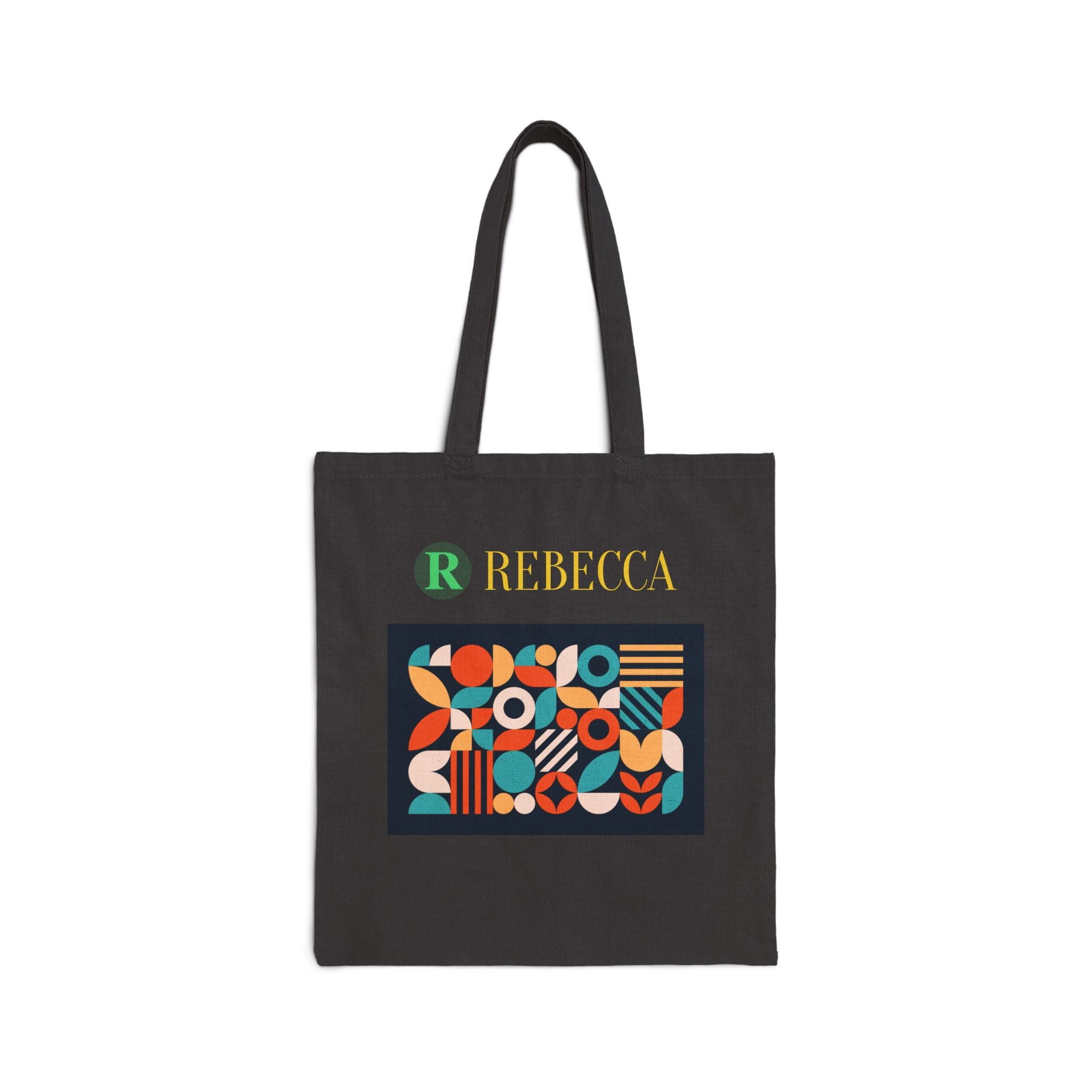 Personalized Geometric Canvas Tote Bag — Custom Name Rebecca, Colorful Retro Pattern