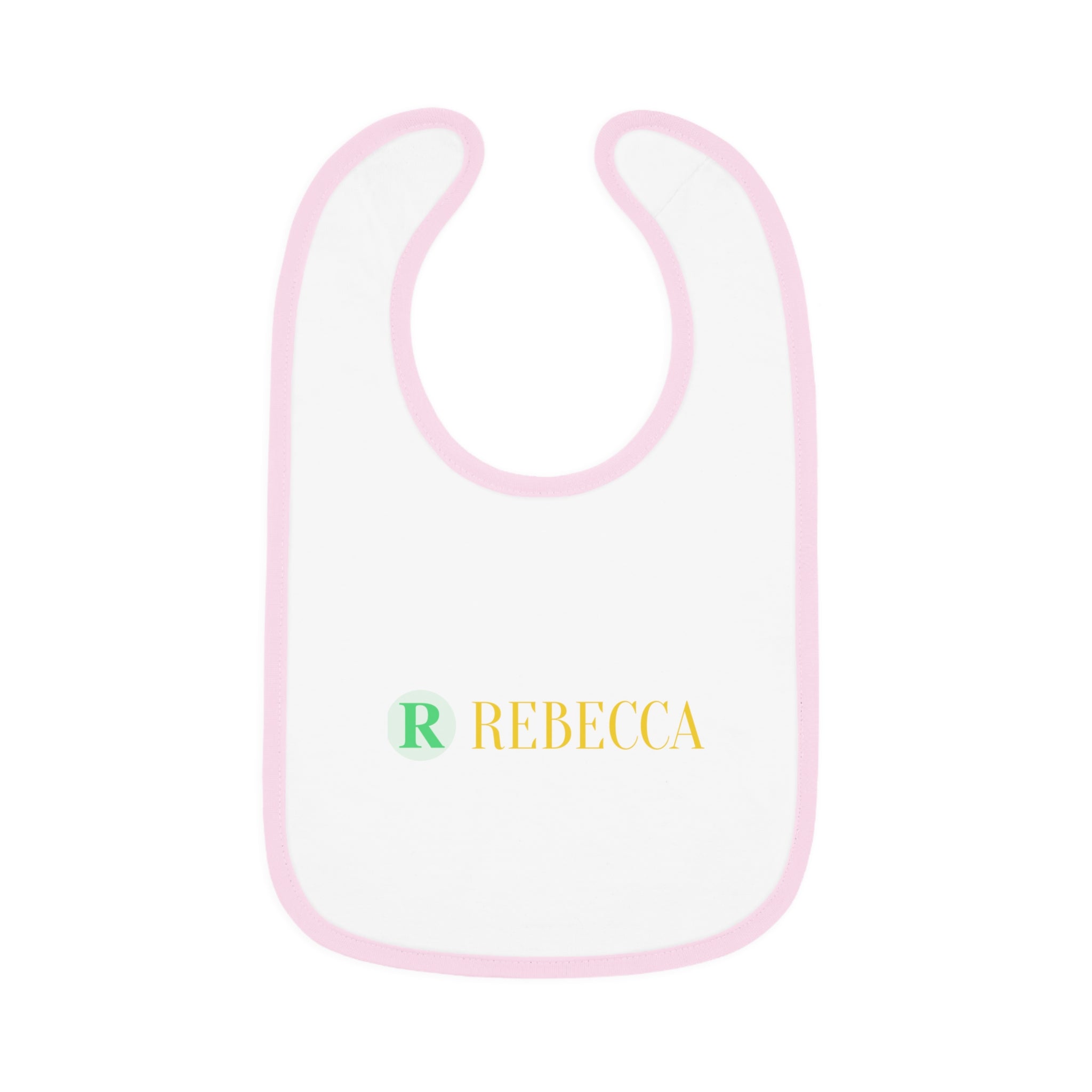 Personalized Baby Bib — Contrast Trim Jersey Bib with Name (Rebecca)