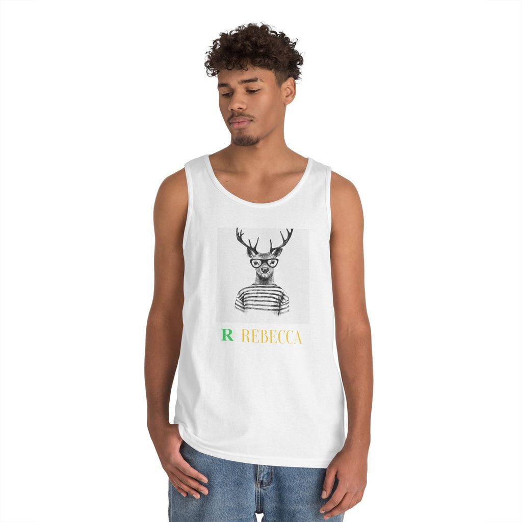 Deer in Glasses Graphic Tank Top — 'Rebecca' Striped Deer Illustration