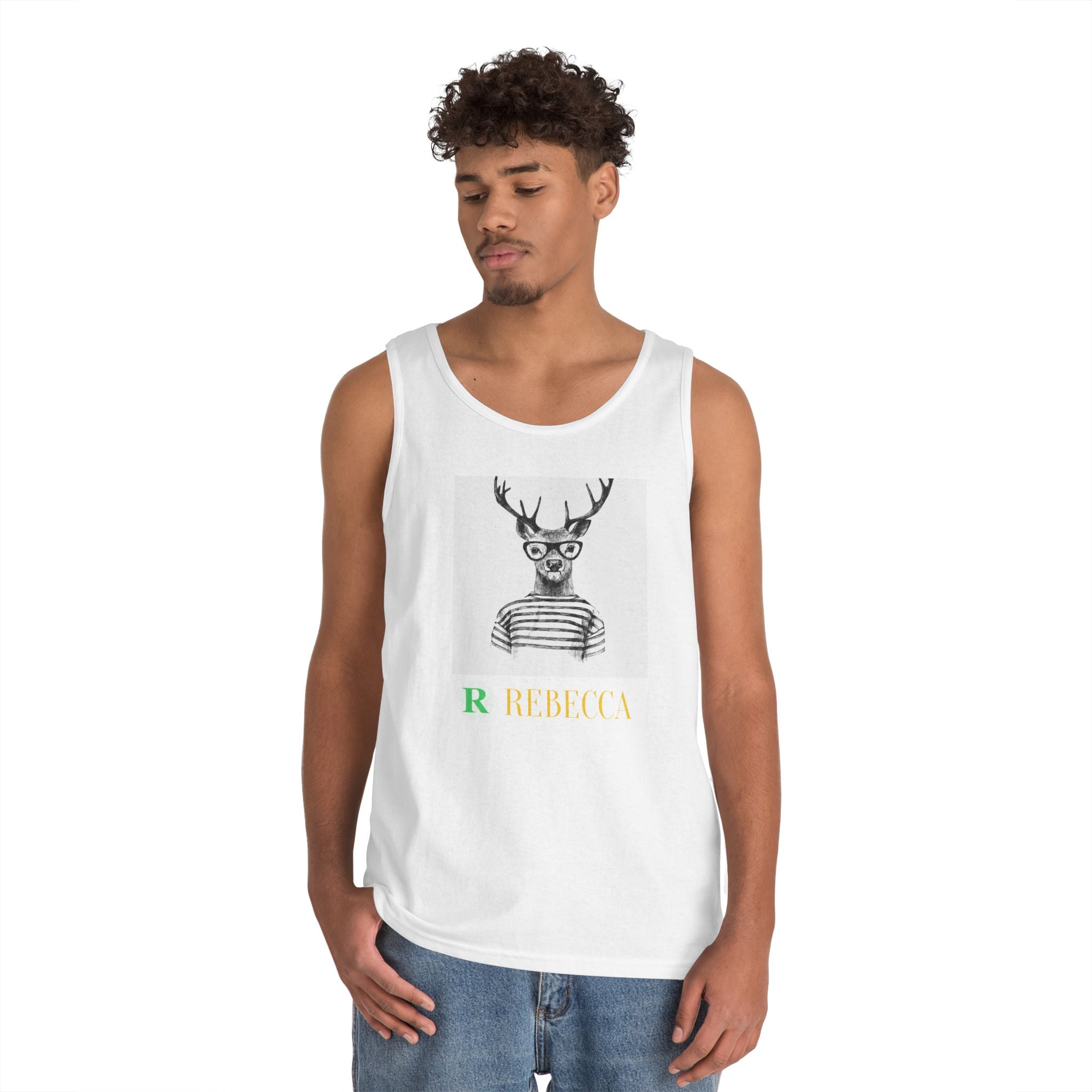 Deer in Glasses Graphic Tank Top — 'Rebecca' Striped Deer Illustration