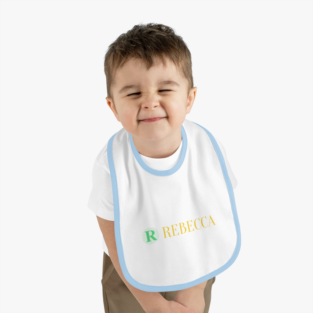 Personalized Baby Bib — Contrast Trim Jersey Bib with Name (Rebecca)