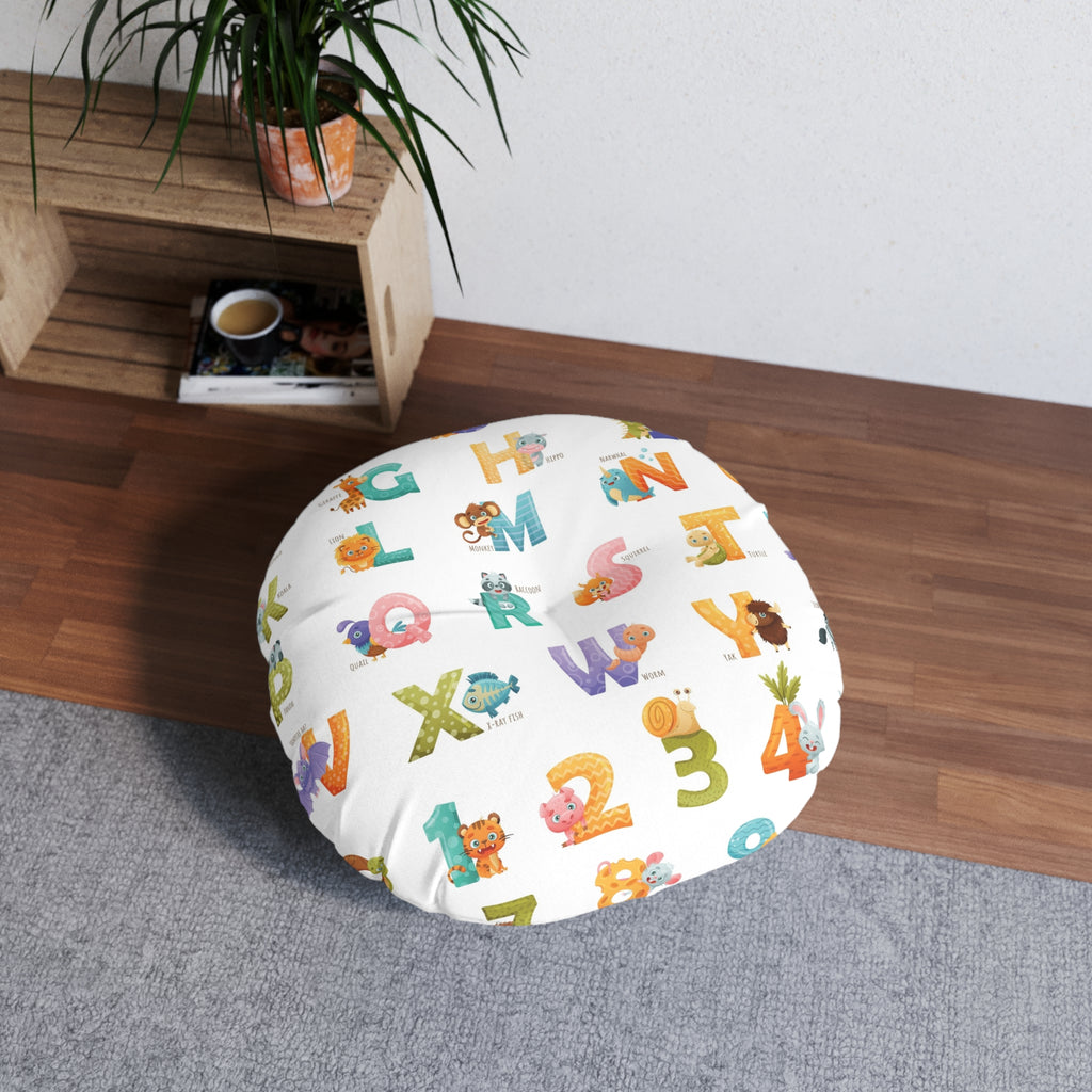 Alphabet & Numbers Kids Tufted Floor Pillow — Cute Animal ABCs & 123s