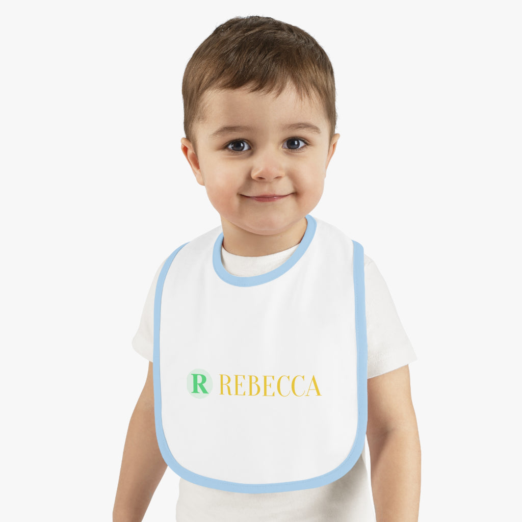 Personalized Baby Bib — Contrast Trim Jersey Bib with Name (Rebecca)