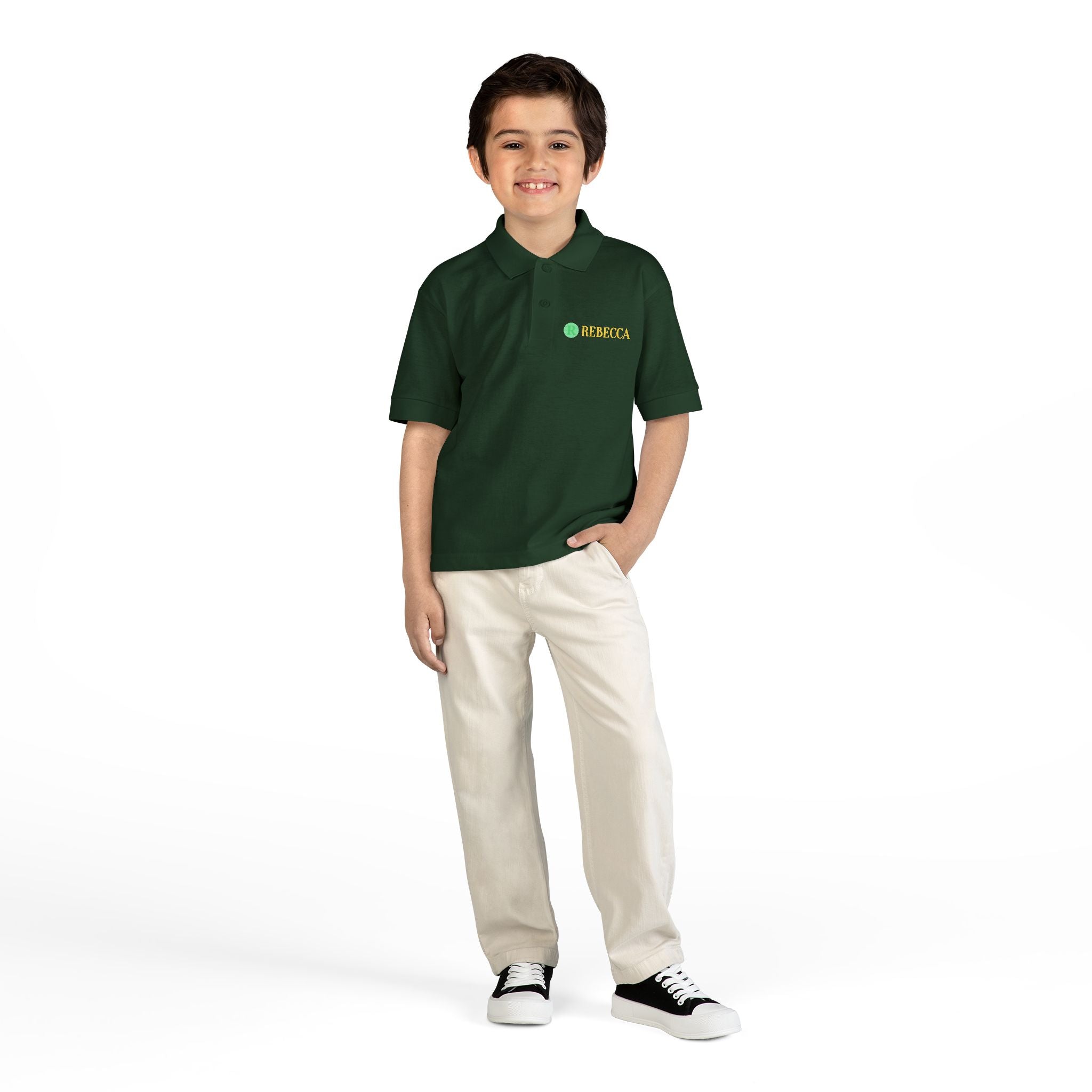 Youth Polo — Personalized ‘Rebecca’ Green Smiley Logo