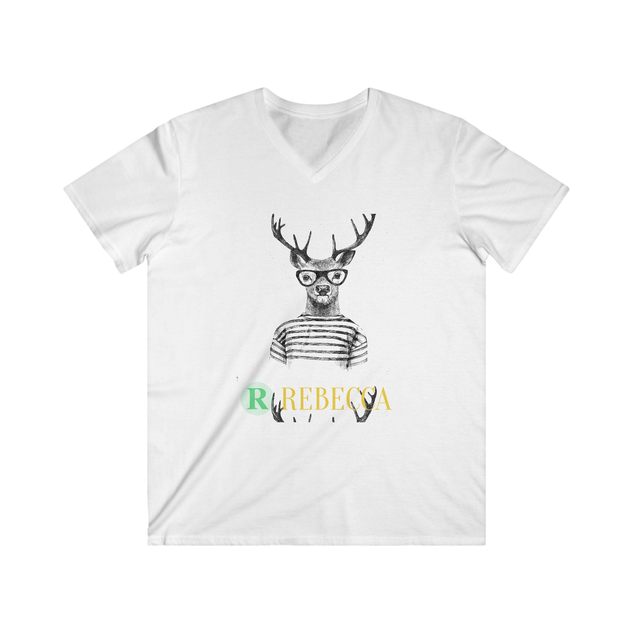 Deer with Glasses V-Neck Tee — Personalized "Rebecca" Graphic Shirt