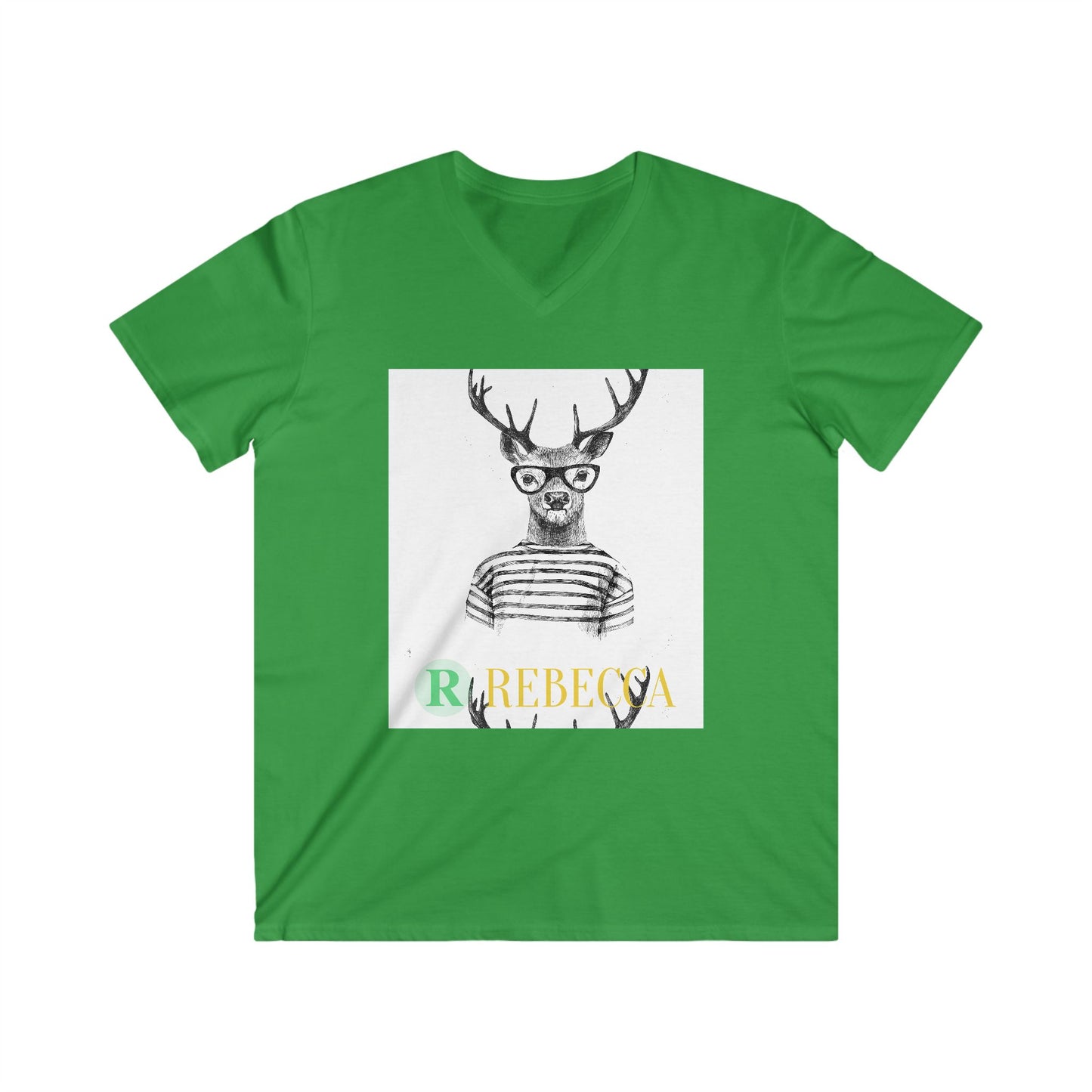 Deer with Glasses V-Neck Tee — Personalized "Rebecca" Graphic Shirt