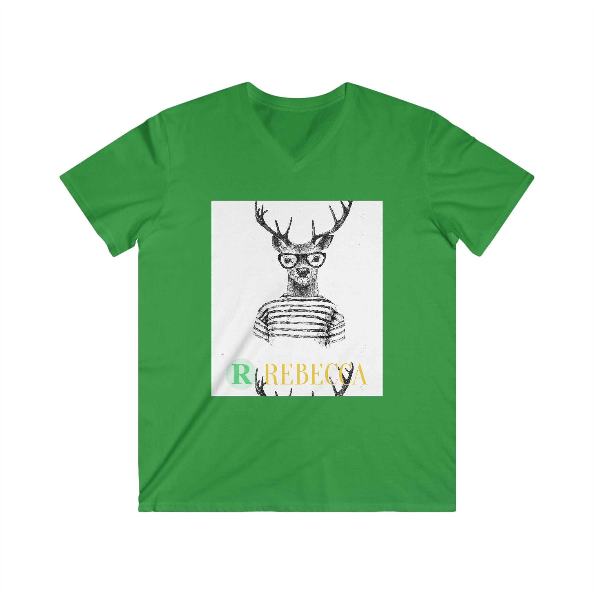 Deer with Glasses V-Neck Tee — Personalized "Rebecca" Graphic Shirt