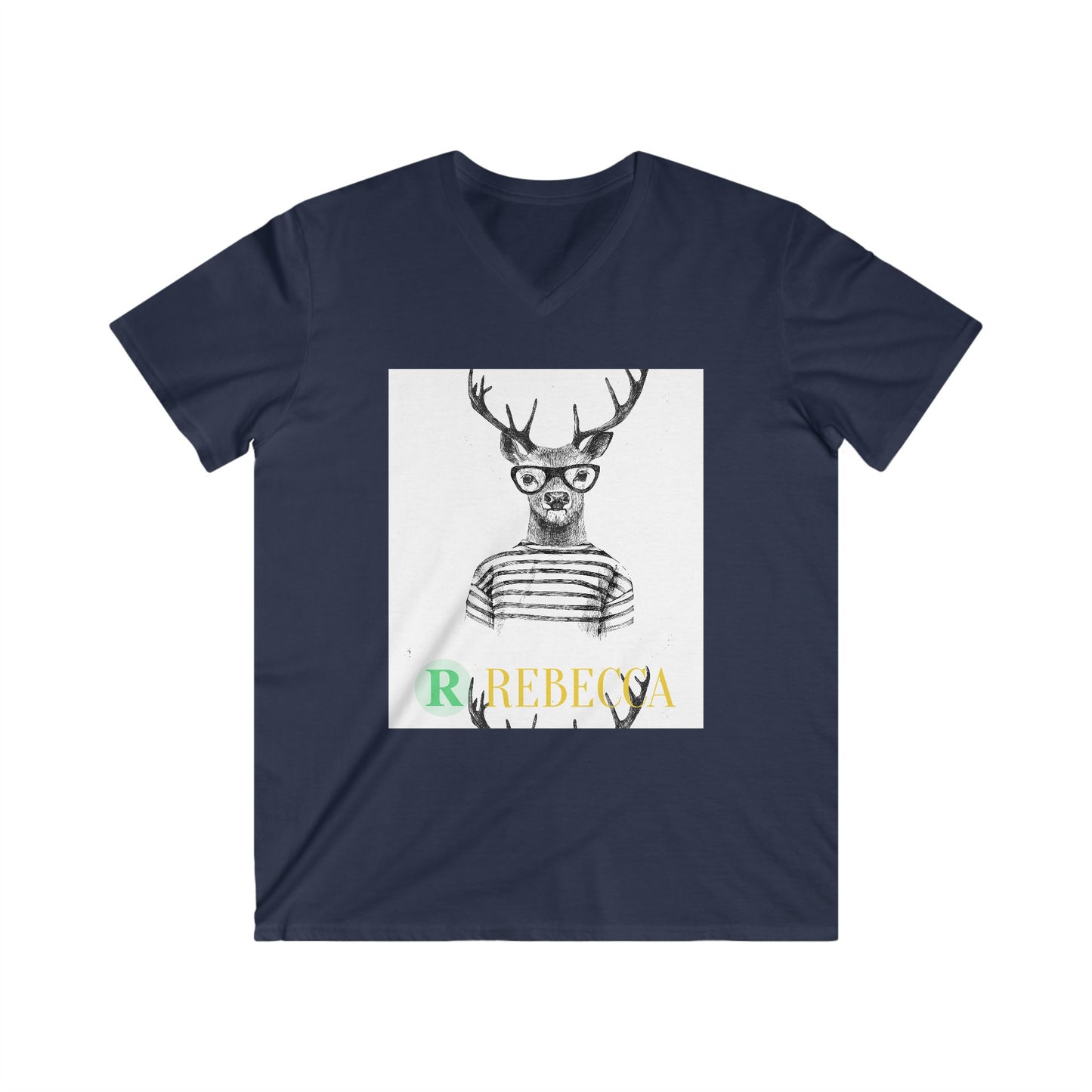 Deer with Glasses V-Neck Tee — Personalized "Rebecca" Graphic Shirt