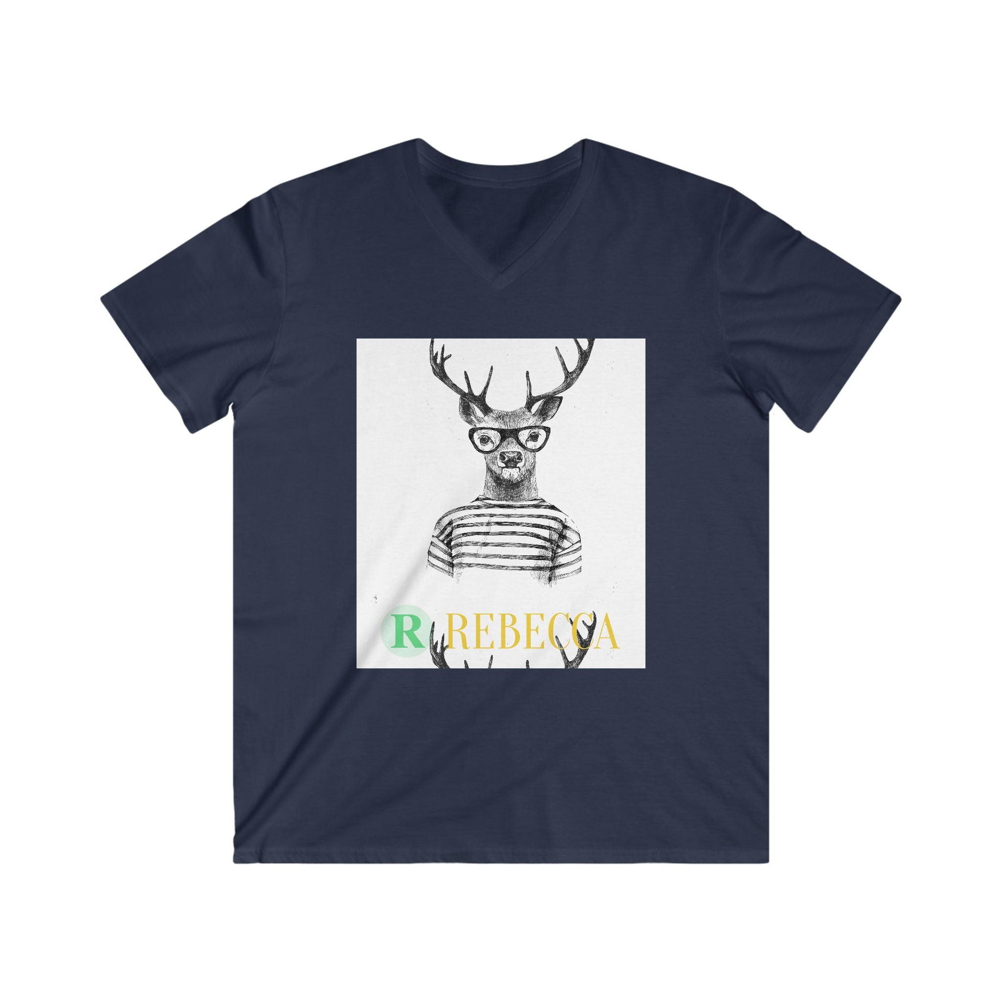 Deer with Glasses V-Neck Tee — Personalized "Rebecca" Graphic Shirt