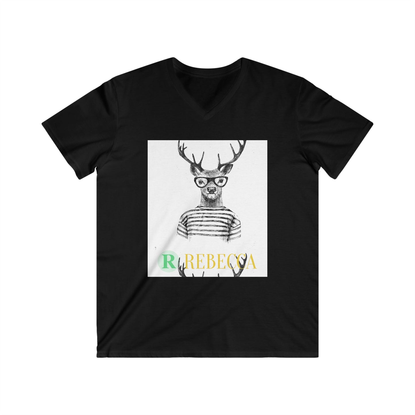 Deer with Glasses V-Neck Tee — Personalized "Rebecca" Graphic Shirt