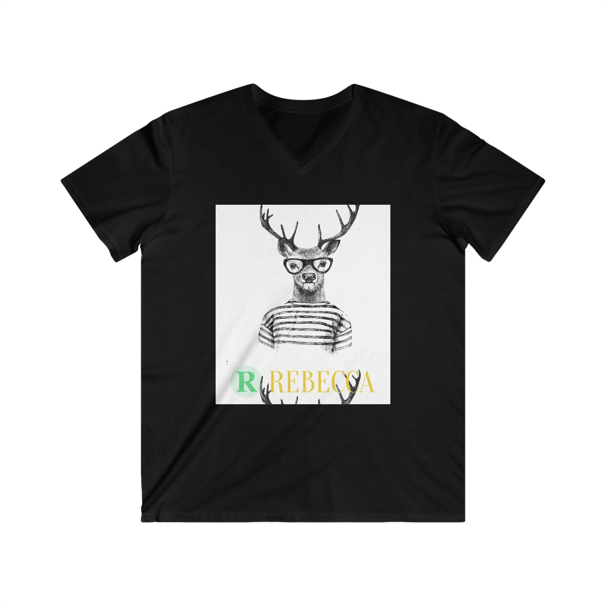 Deer with Glasses V-Neck Tee — Personalized "Rebecca" Graphic Shirt