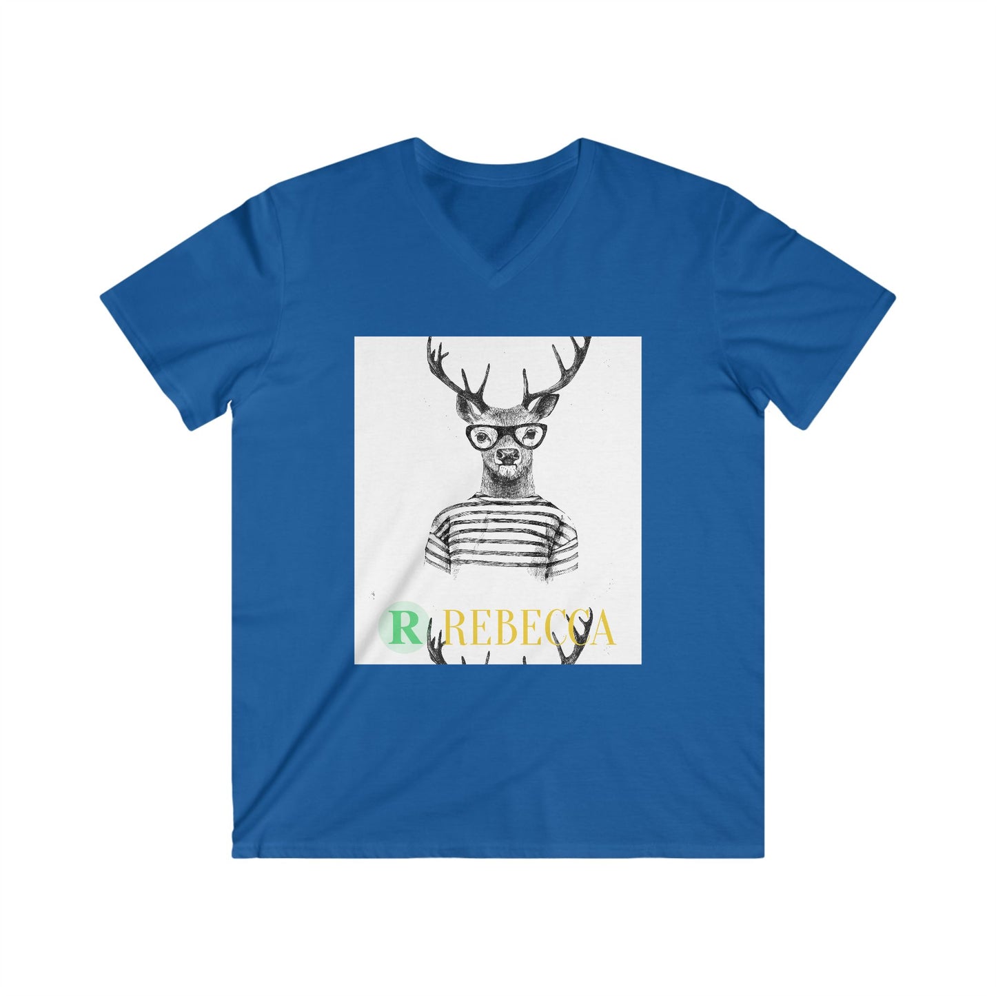 Deer with Glasses V-Neck Tee — Personalized "Rebecca" Graphic Shirt