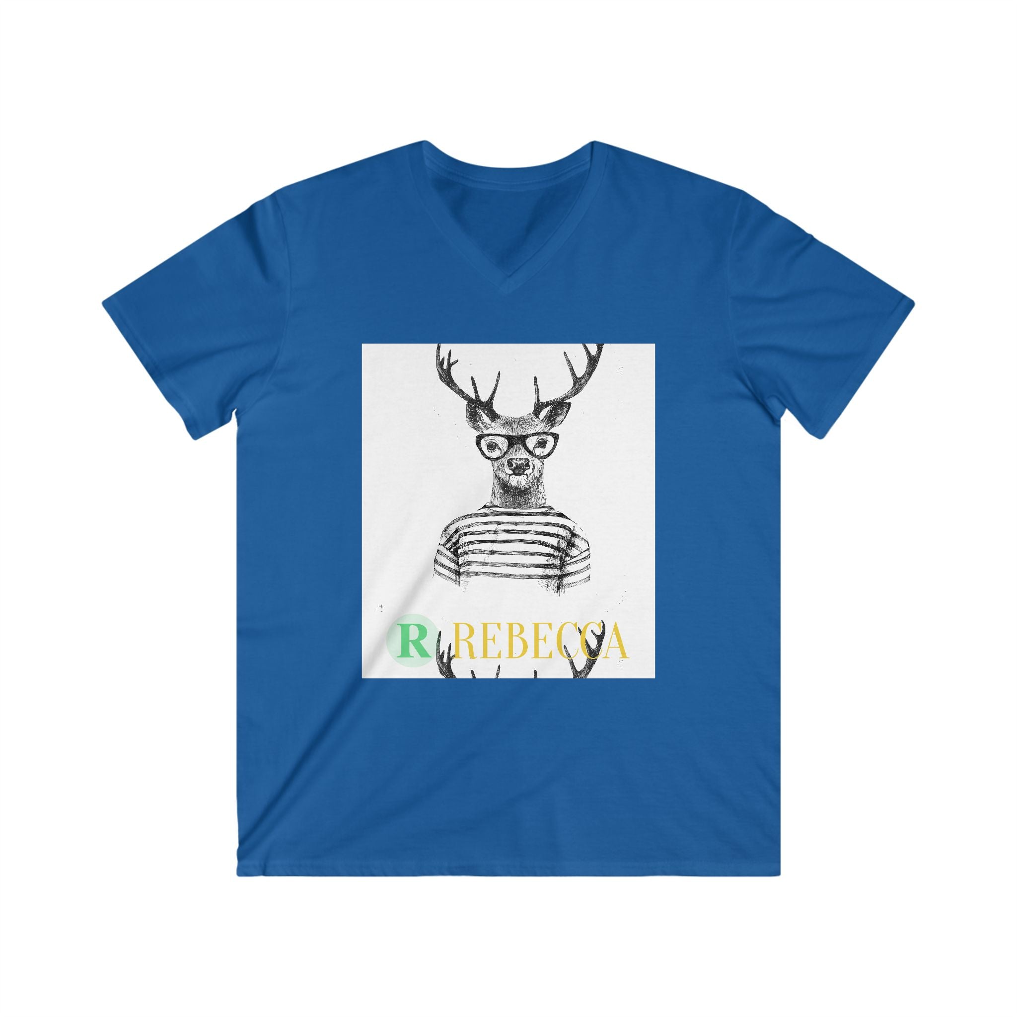 Deer with Glasses V-Neck Tee — Personalized "Rebecca" Graphic Shirt