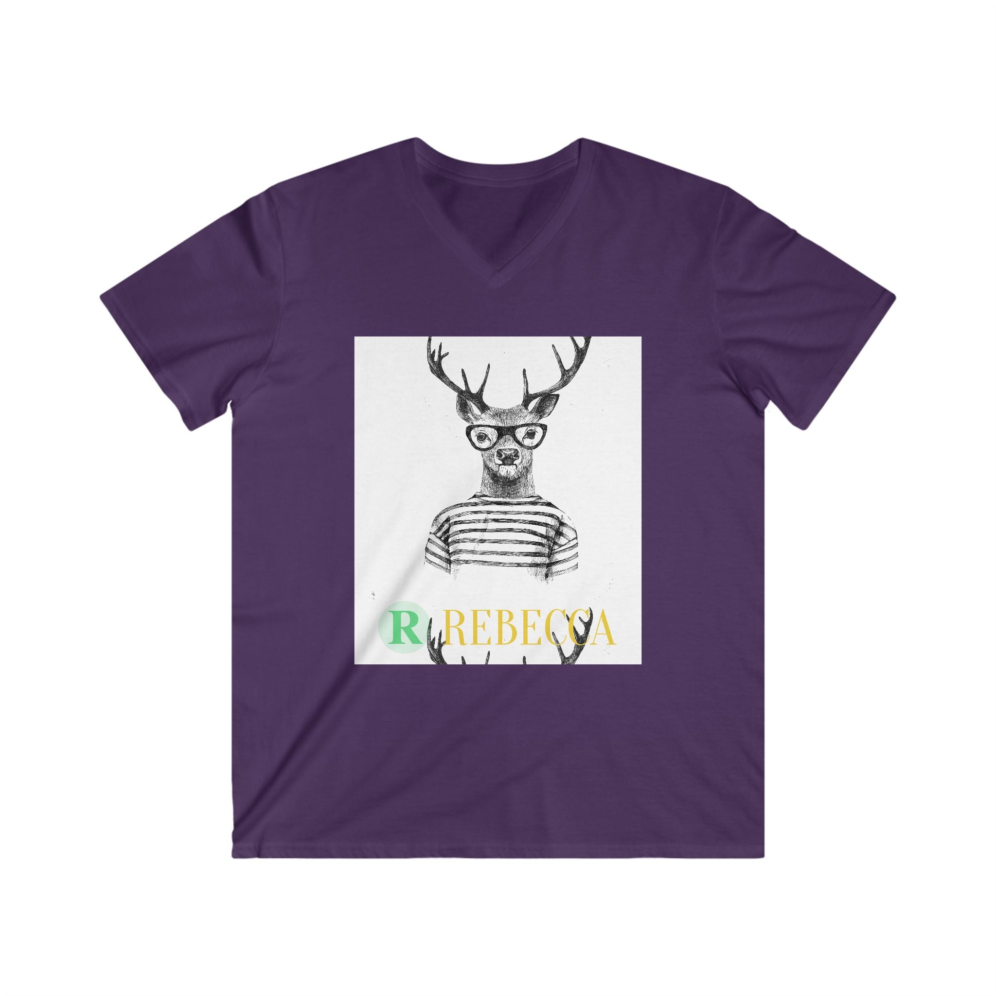 Deer with Glasses V-Neck Tee — Personalized "Rebecca" Graphic Shirt