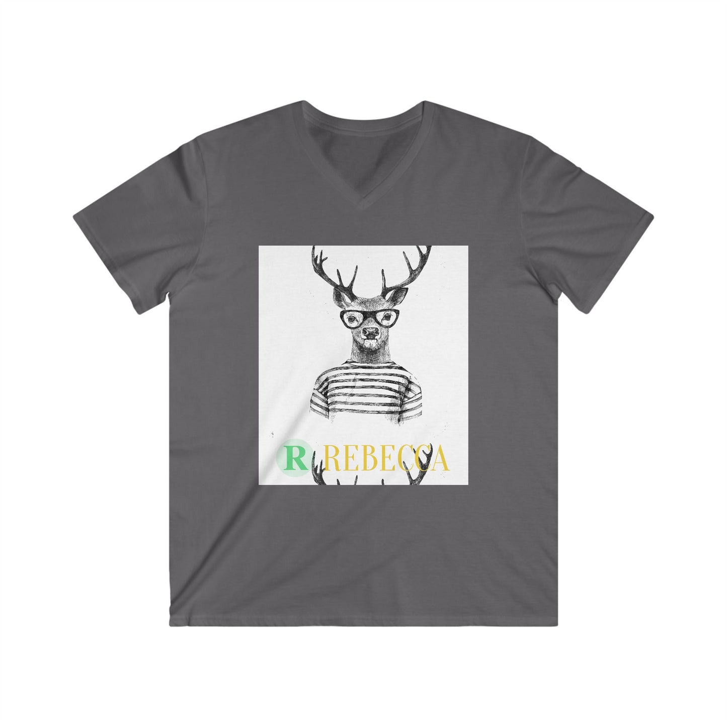 Deer with Glasses V-Neck Tee — Personalized "Rebecca" Graphic Shirt